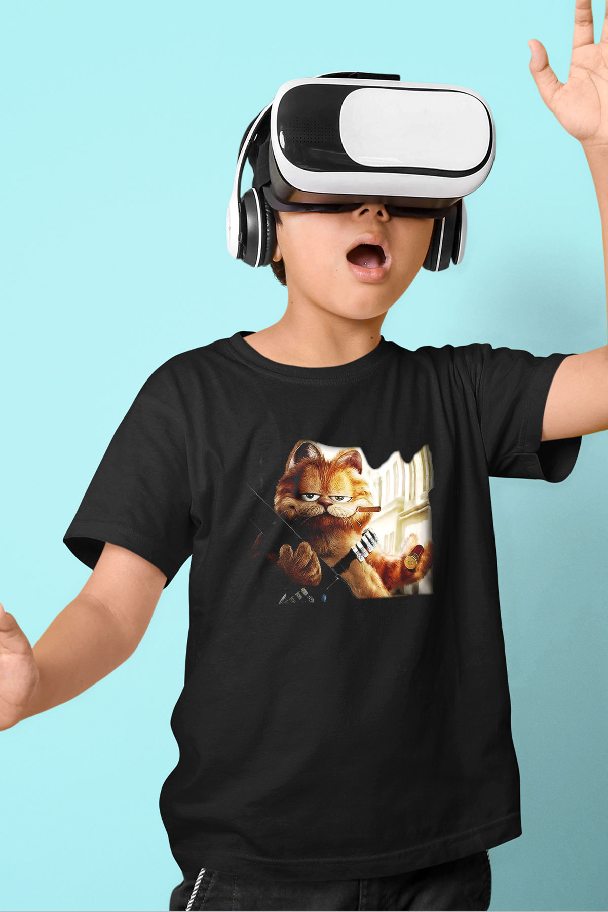 Garfield Baskılı Siyah Unisex Çocuk Tişört