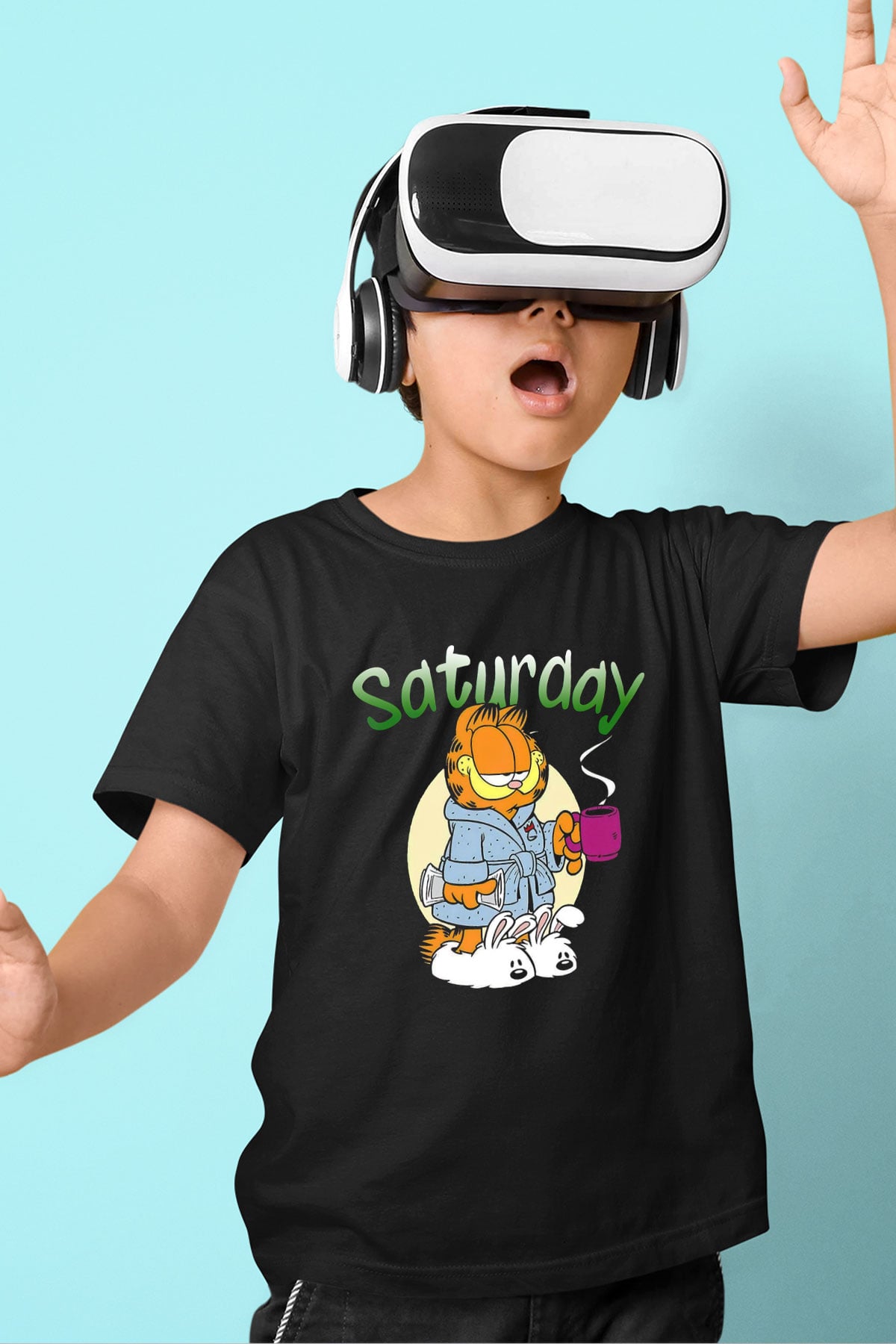 Garfield Baskılı Siyah Unisex Çocuk Tişört