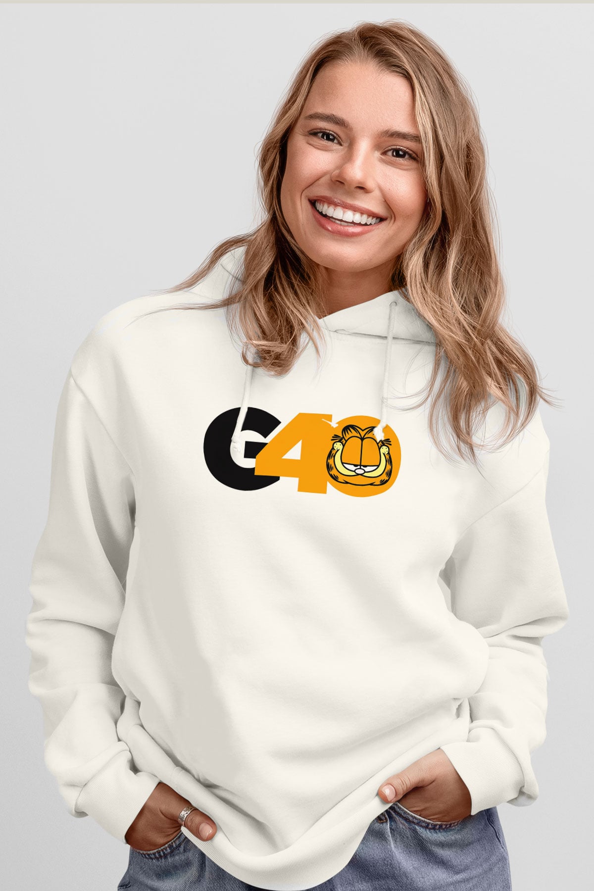 Garfield Beyaz Unisex Kapşonlu Sweatshirt