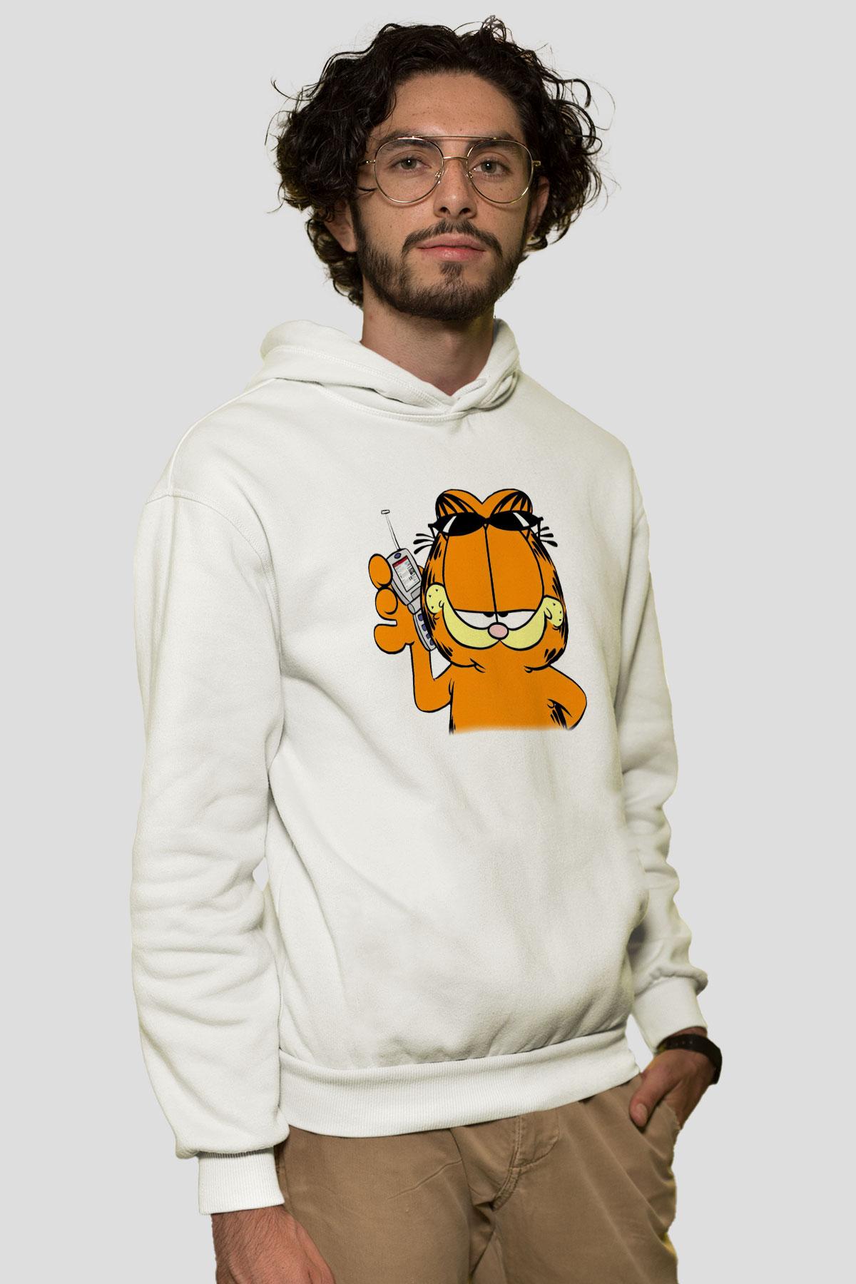Garfield Beyaz Unisex Kapşonlu Sweatshirt