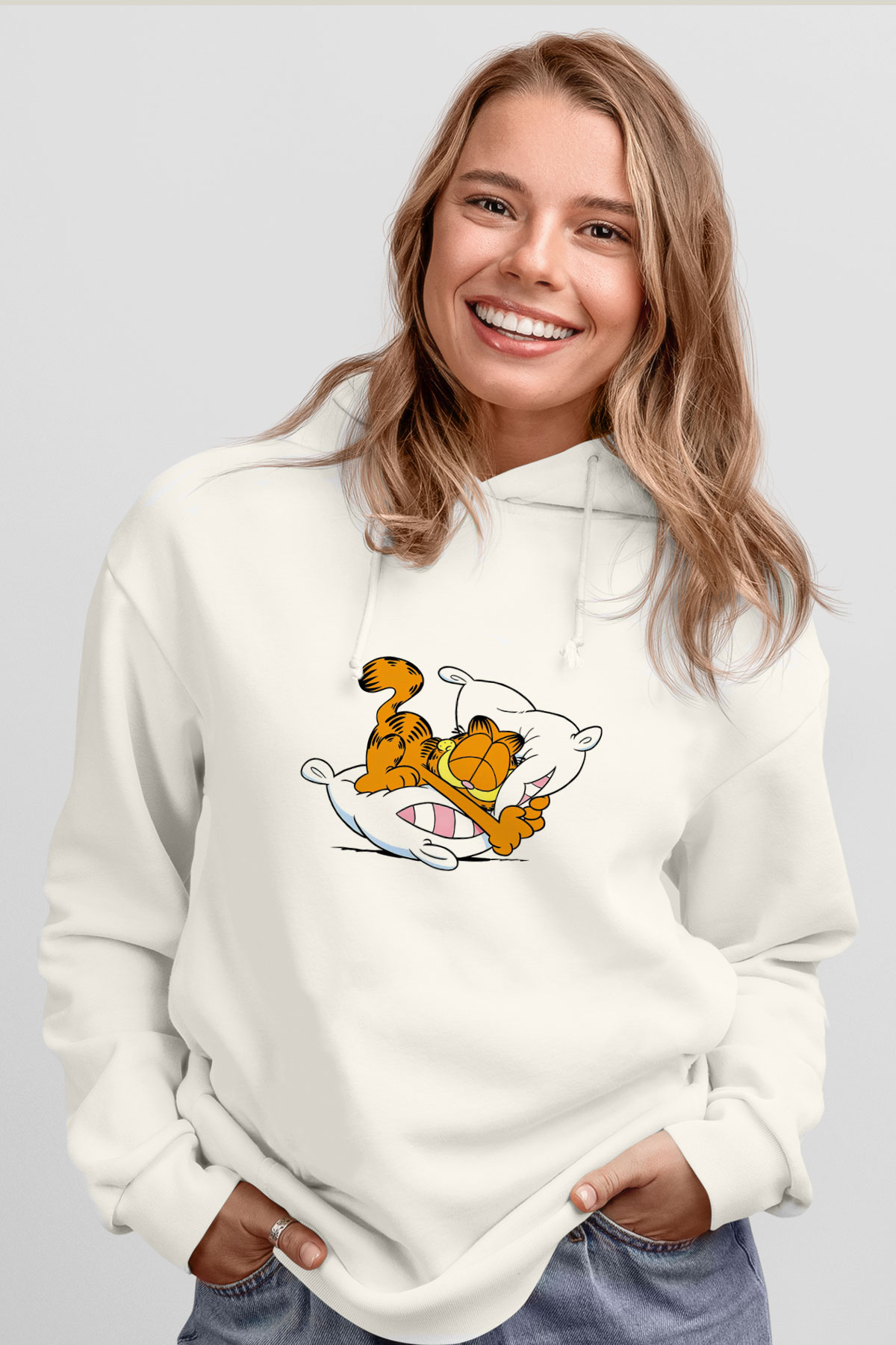 Garfield Beyaz Unisex Kapşonlu Sweatshirt