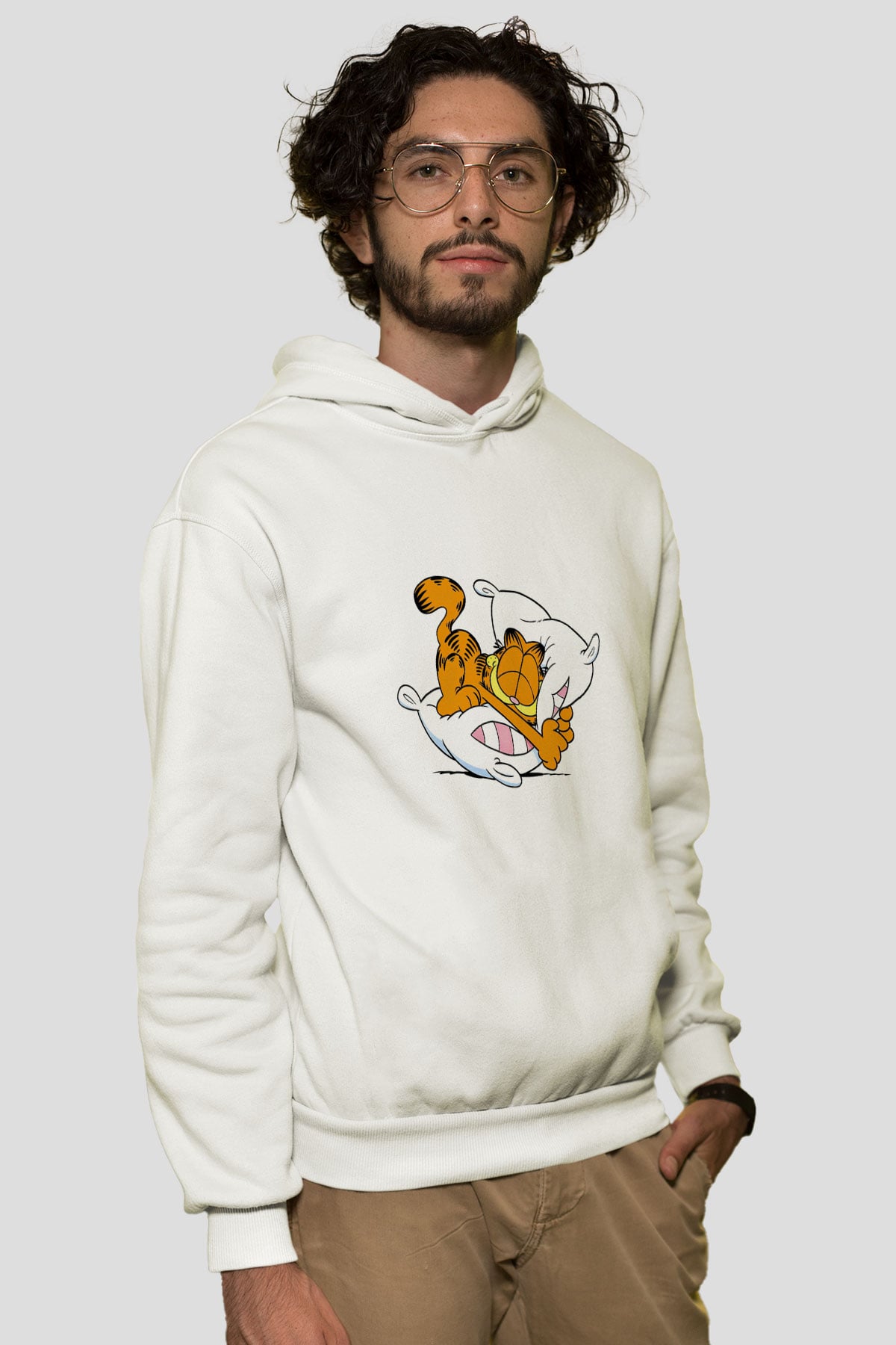 Garfield Beyaz Unisex Kapşonlu Sweatshirt