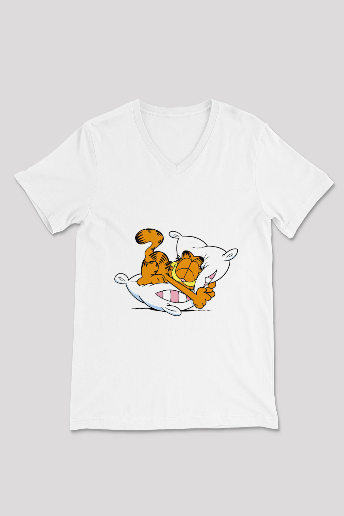 Garfield Beyaz Unisex V Yaka Tişört