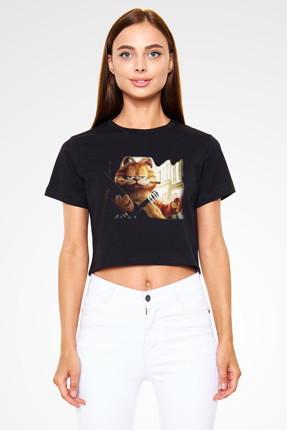 Garfield Siyah Crop Top Tişört
