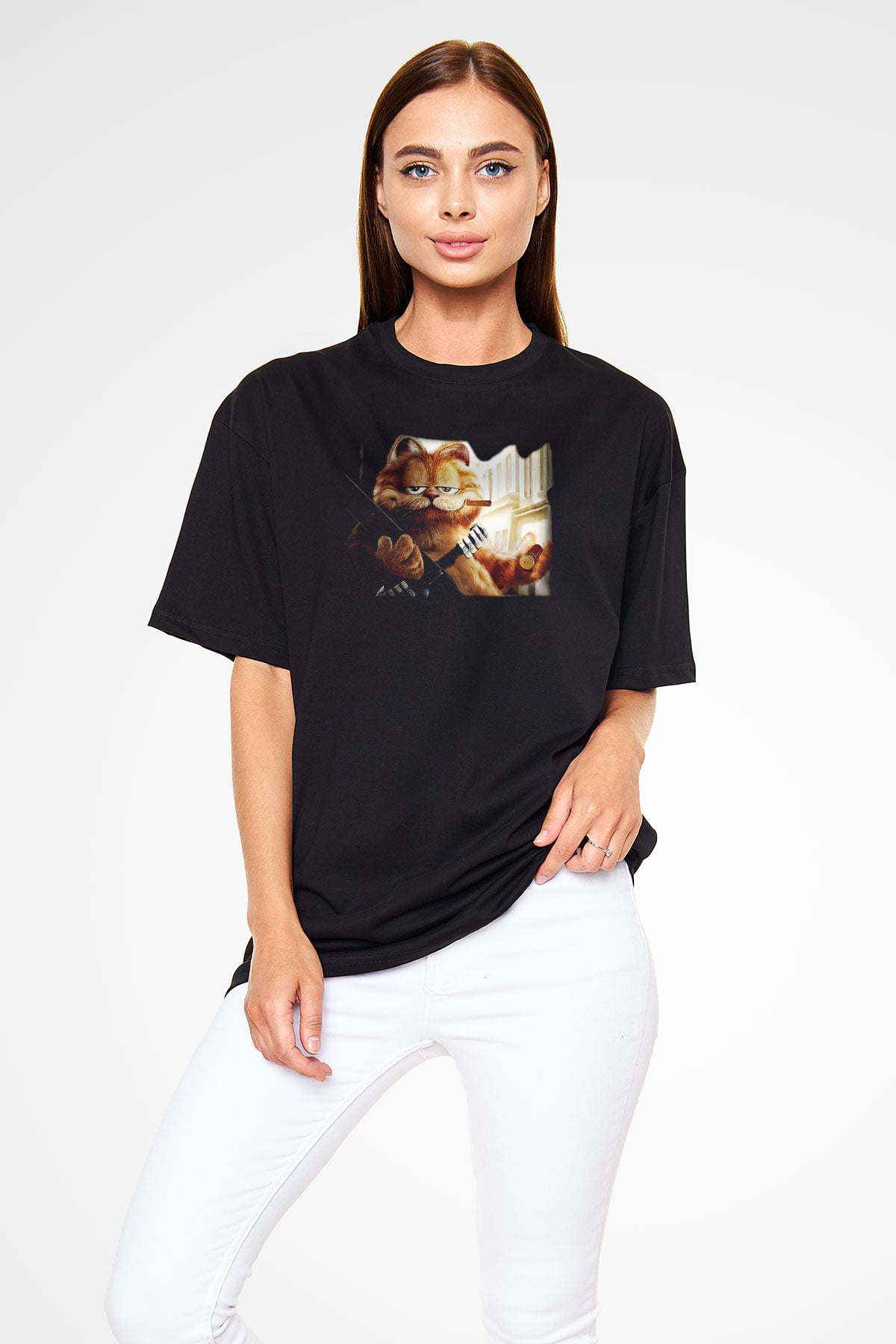 Garfield Siyah Unisex Oversize Tişört
