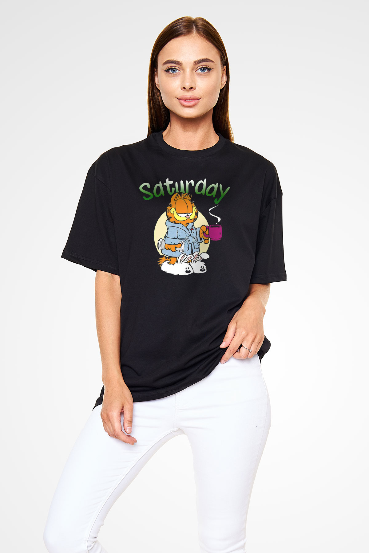 Garfield Siyah Unisex Oversize Tişört