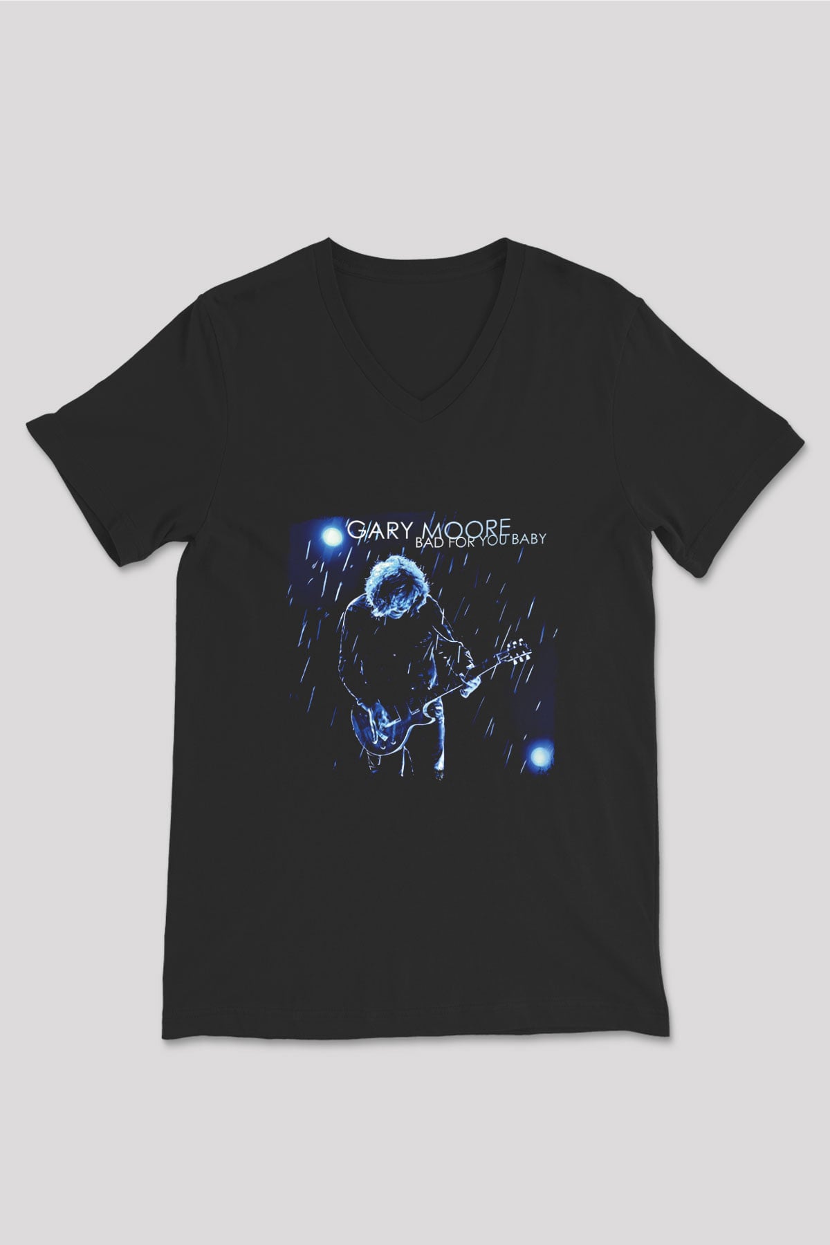 Gary Moore Baskılı Unisex Siyah V Yaka Tişört