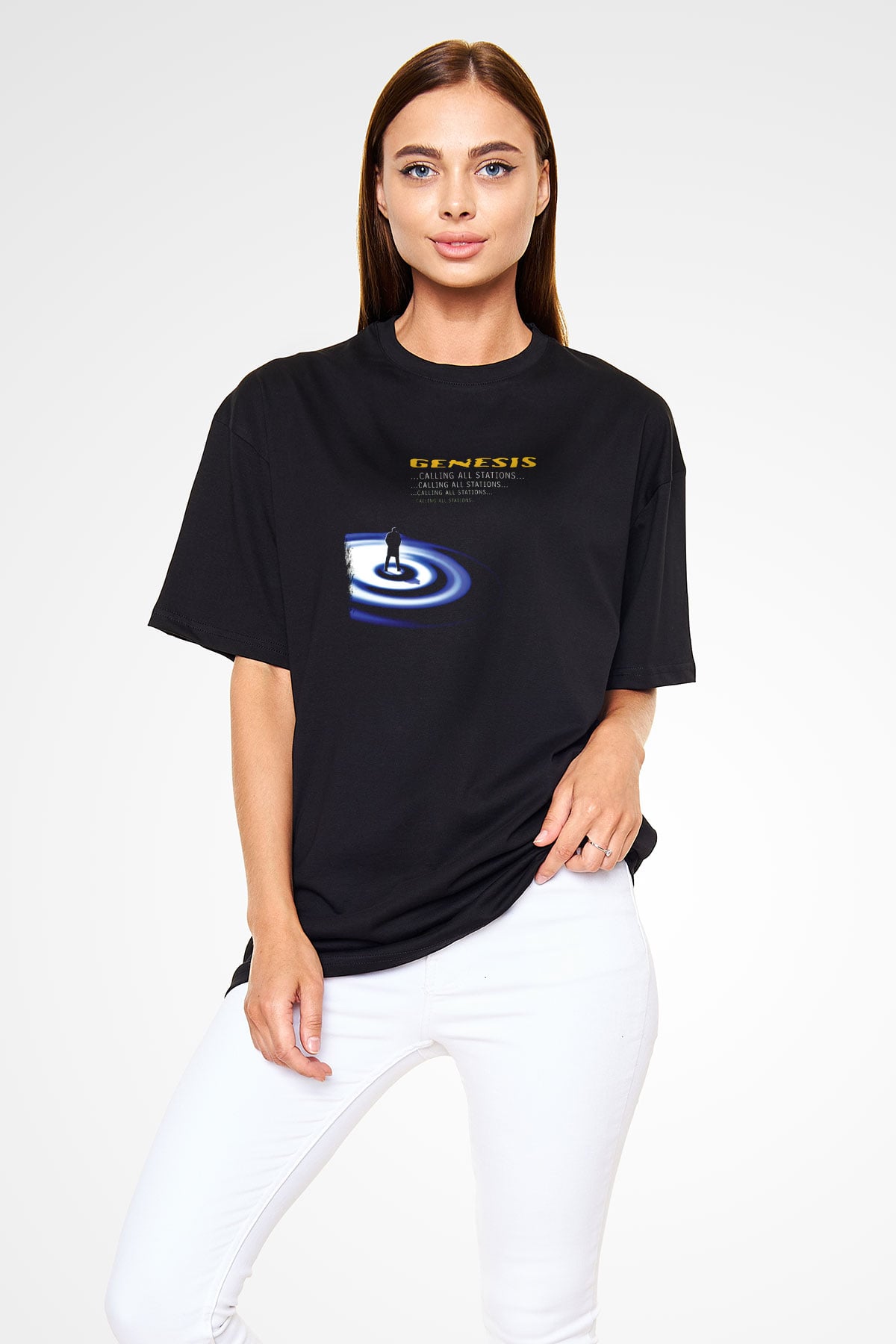 Genesis Baskılı Unisex Siyah Oversize Tişört