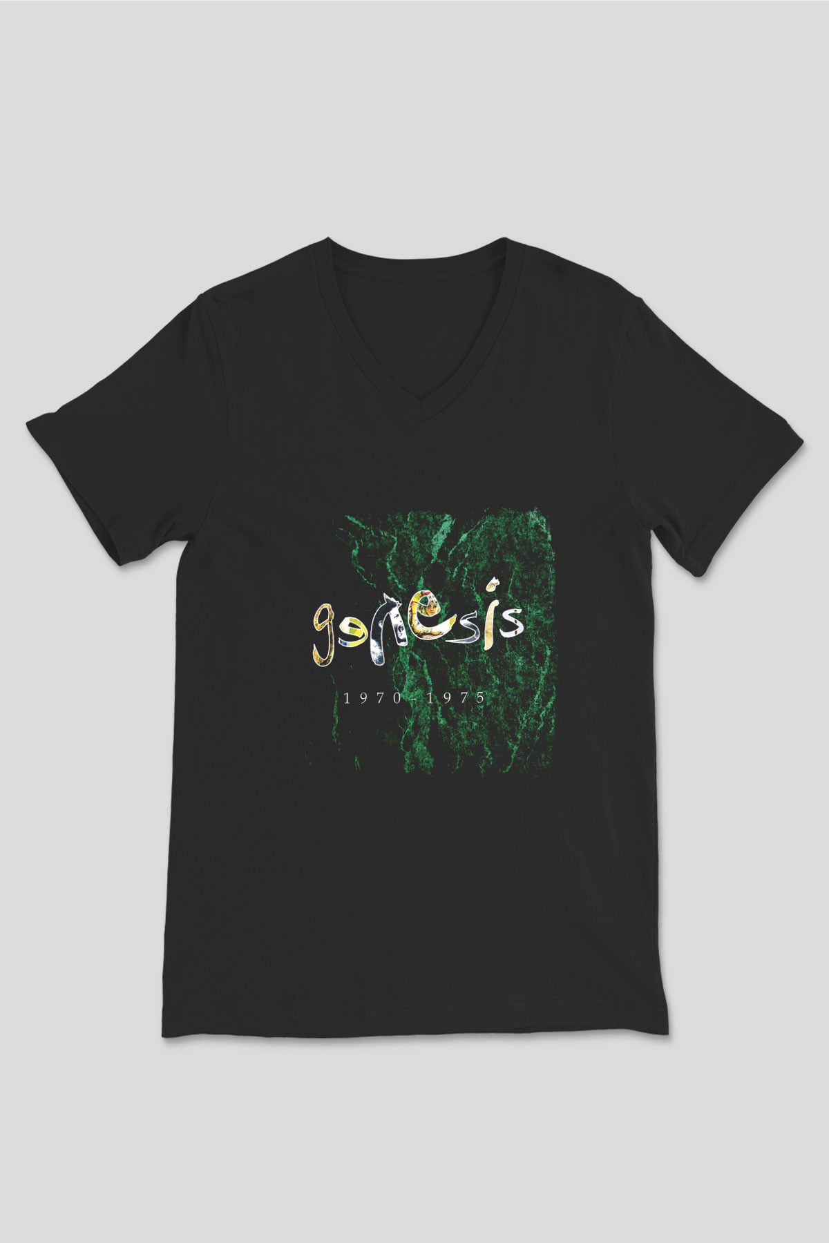 Genesis Baskılı Unisex Siyah V Yaka Tişört