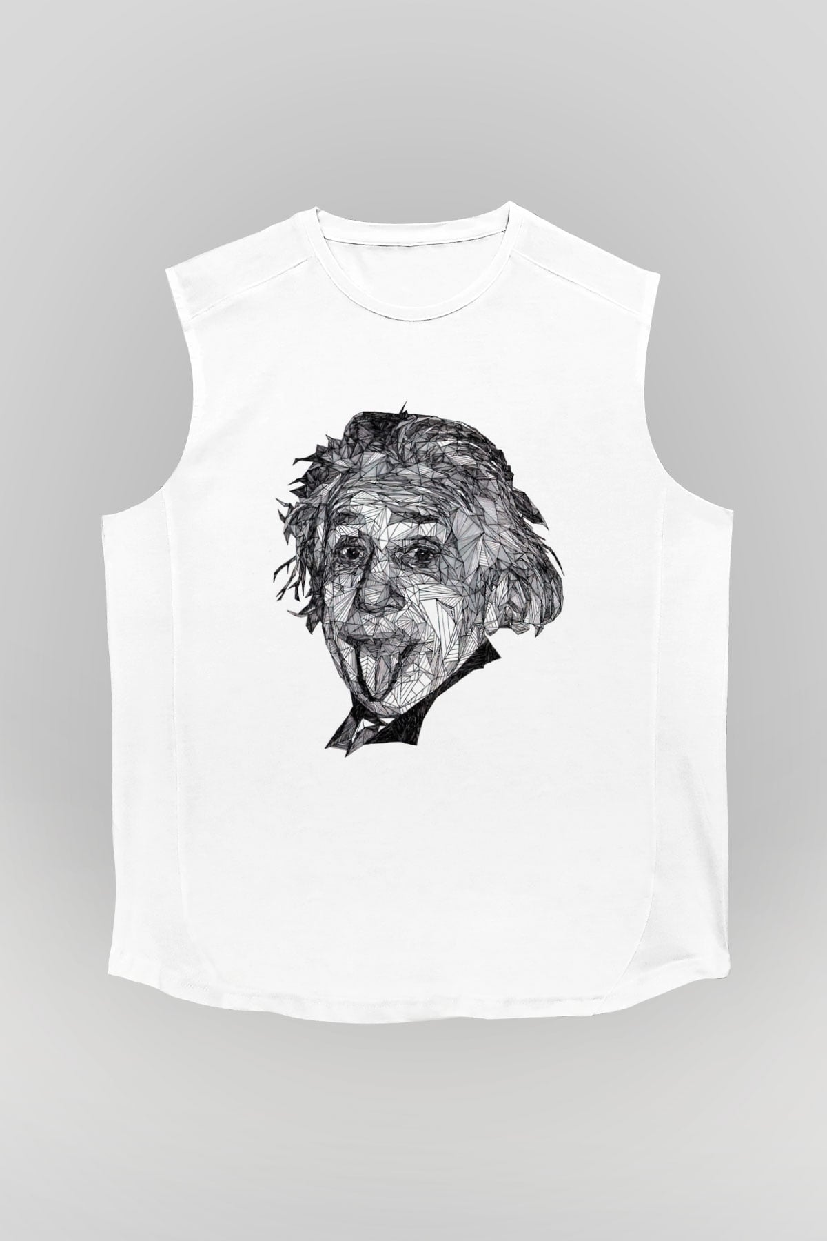 Geometrik Aibert Einstein Portesi Baskılı Unisex Beyaz Kolsuz Tişört