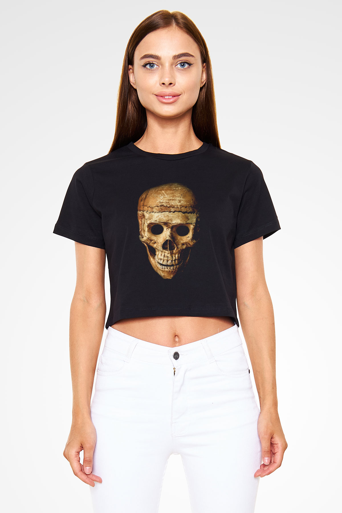 Gerçekçi Kurukafa Baskılı Siyah   Crop Top Tişört
