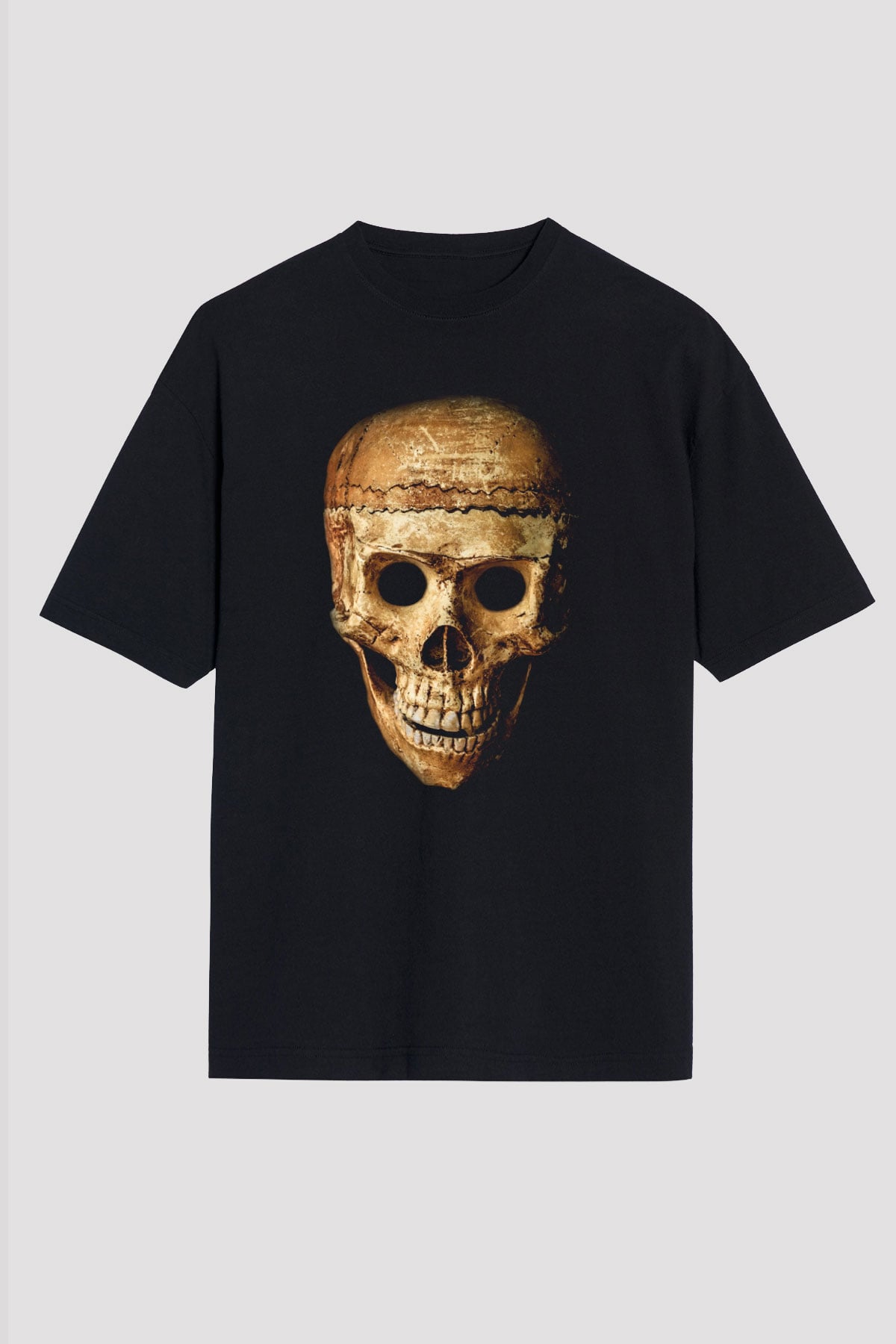 Gerçekçi Kurukafa Baskılı Siyah Unisex Tişört