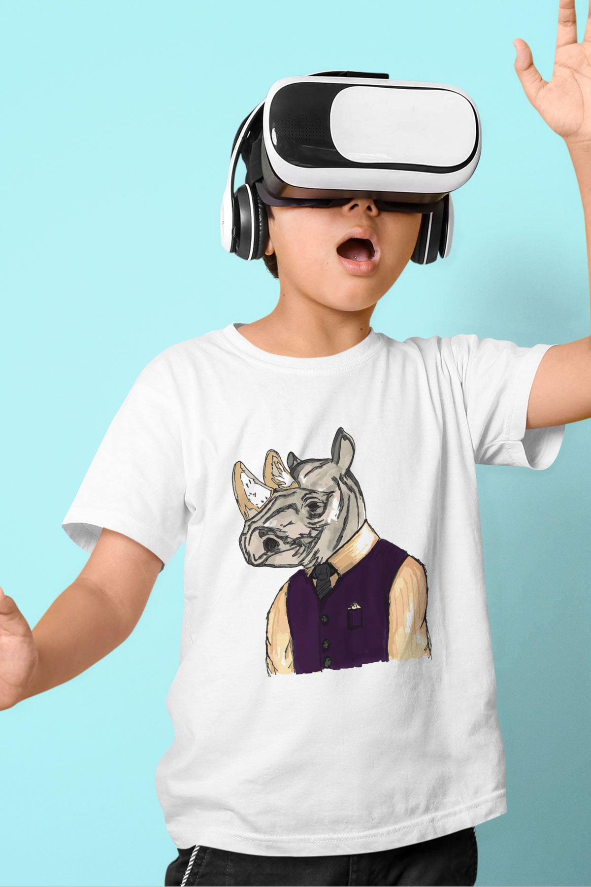 Gergedan Baskılı Beyaz Unisex Çocuk Tişört