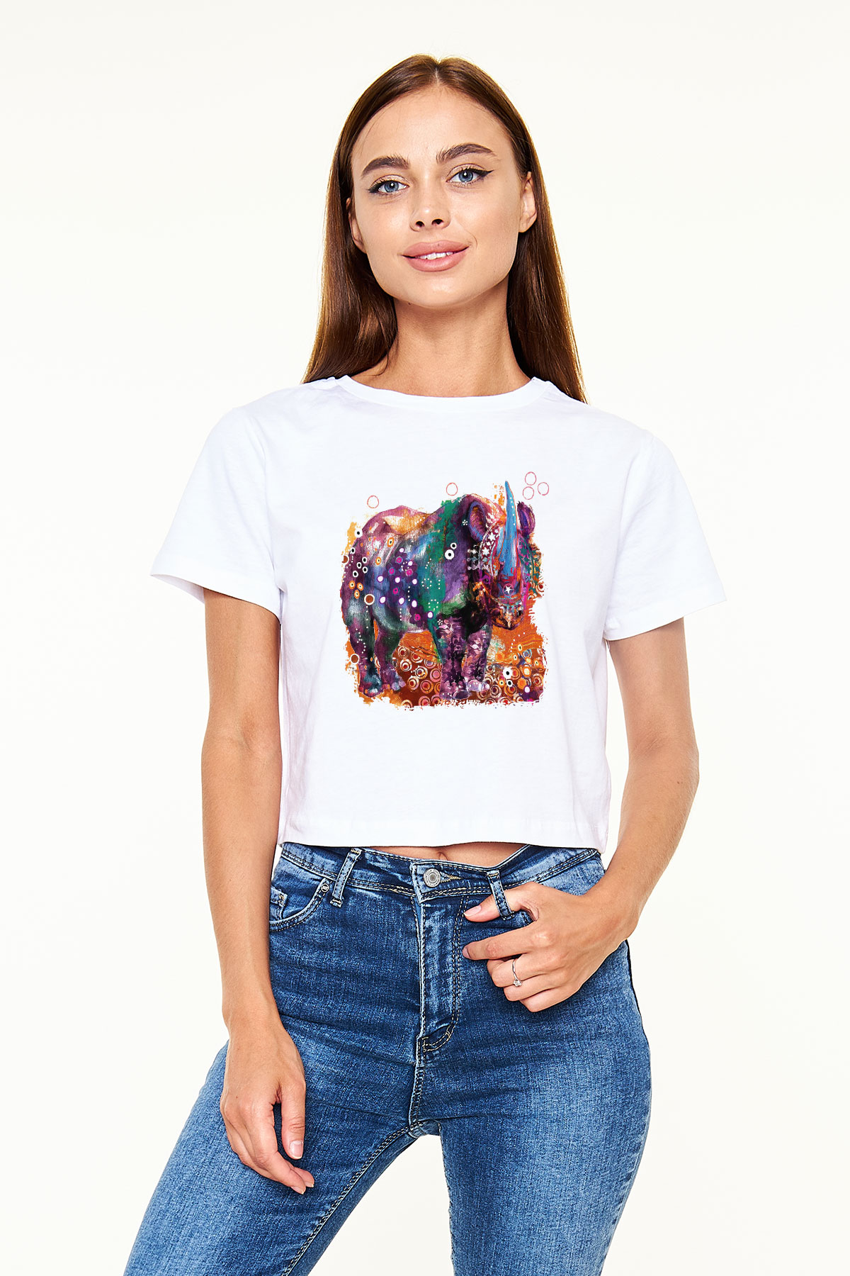 Gergedan Beyaz Croptop Tişört