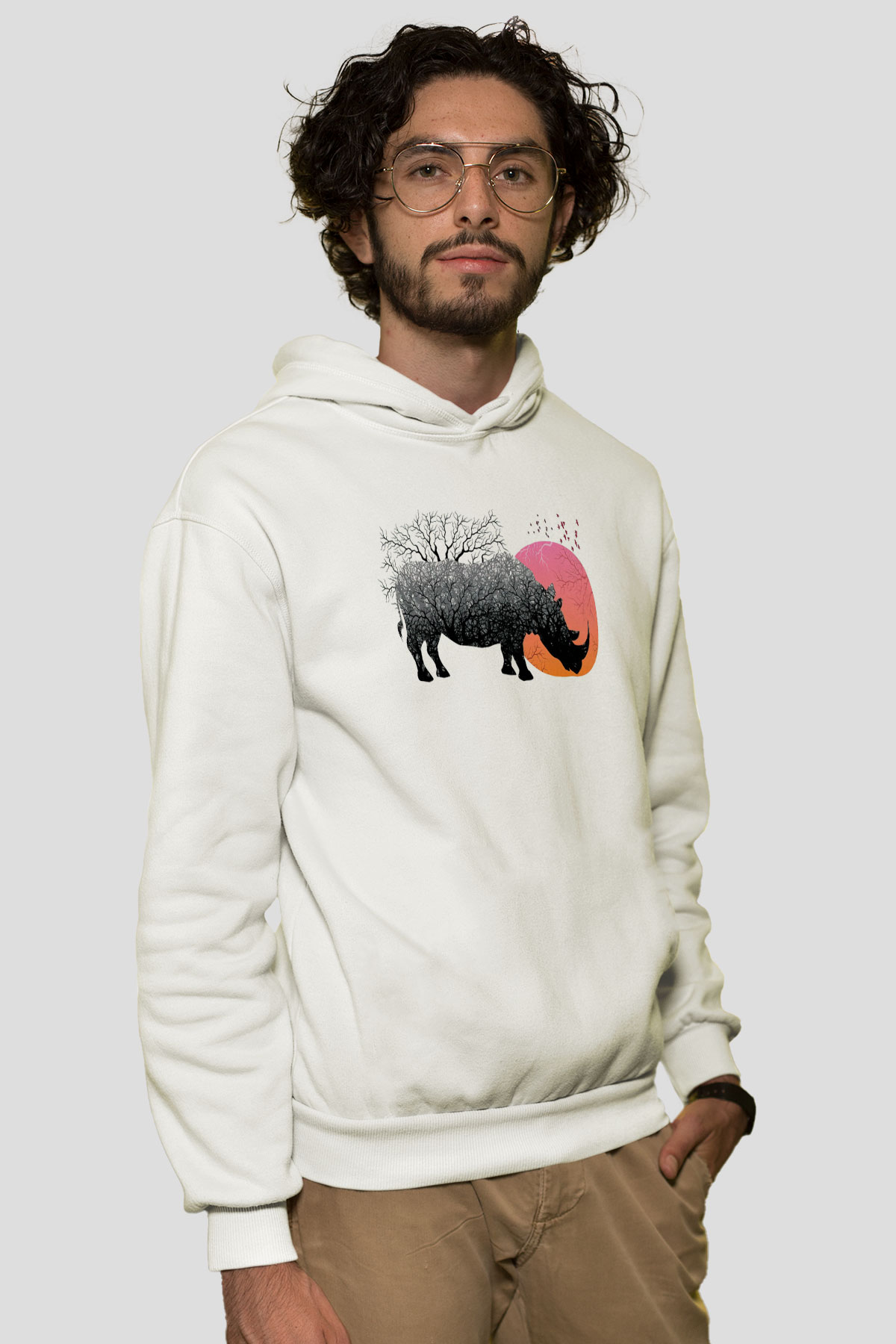 Gergedan Beyaz Unisex Hoodie