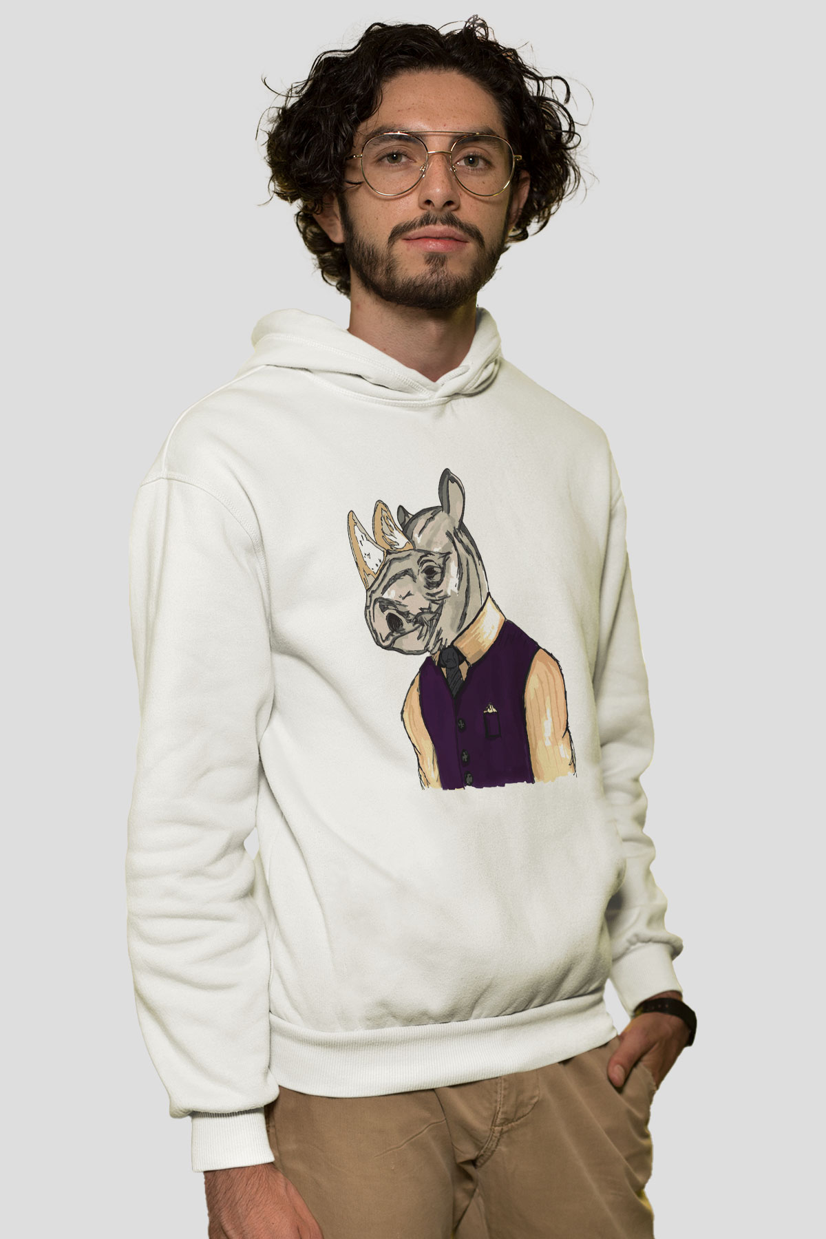 Gergedan Beyaz Unisex Kapşonlu Sweatshirt
