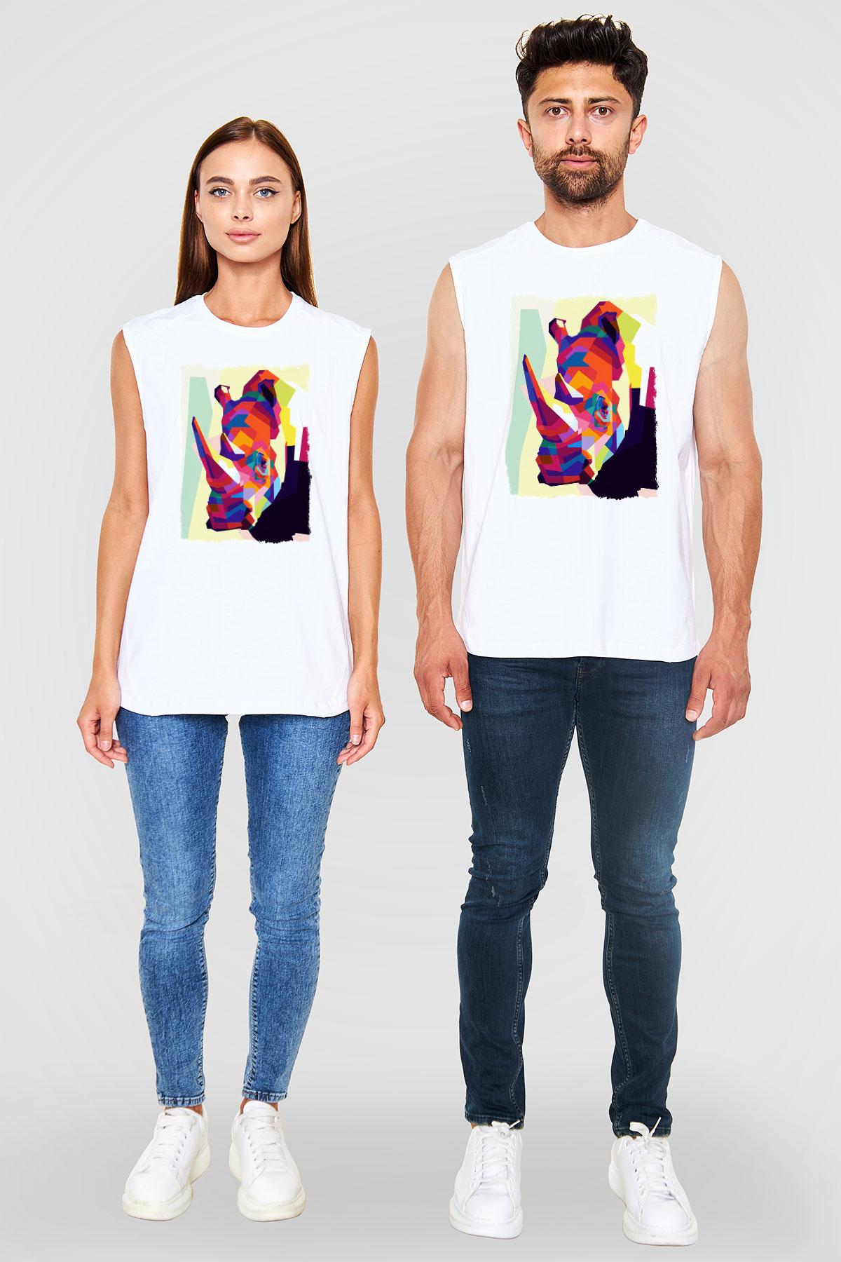 Gergedan Beyaz Unisex Kolsuz Tişört