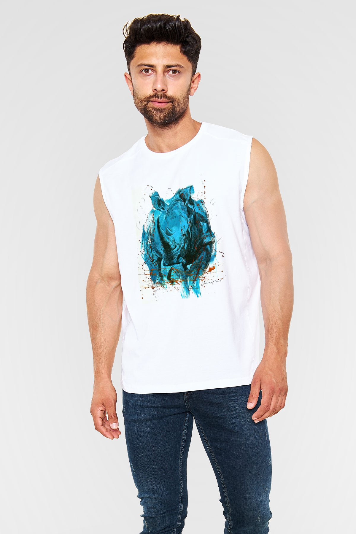 Gergedan Beyaz Unisex Kolsuz Tişört