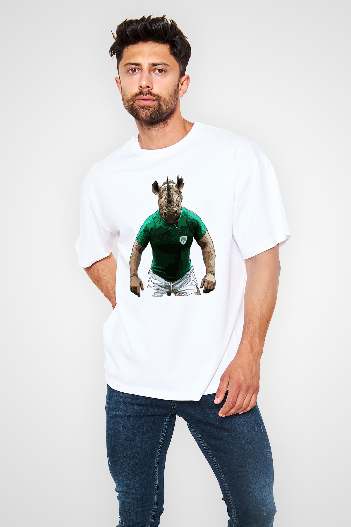 Gergedan Beyaz Unisex Oversize Tişört T-Shirt