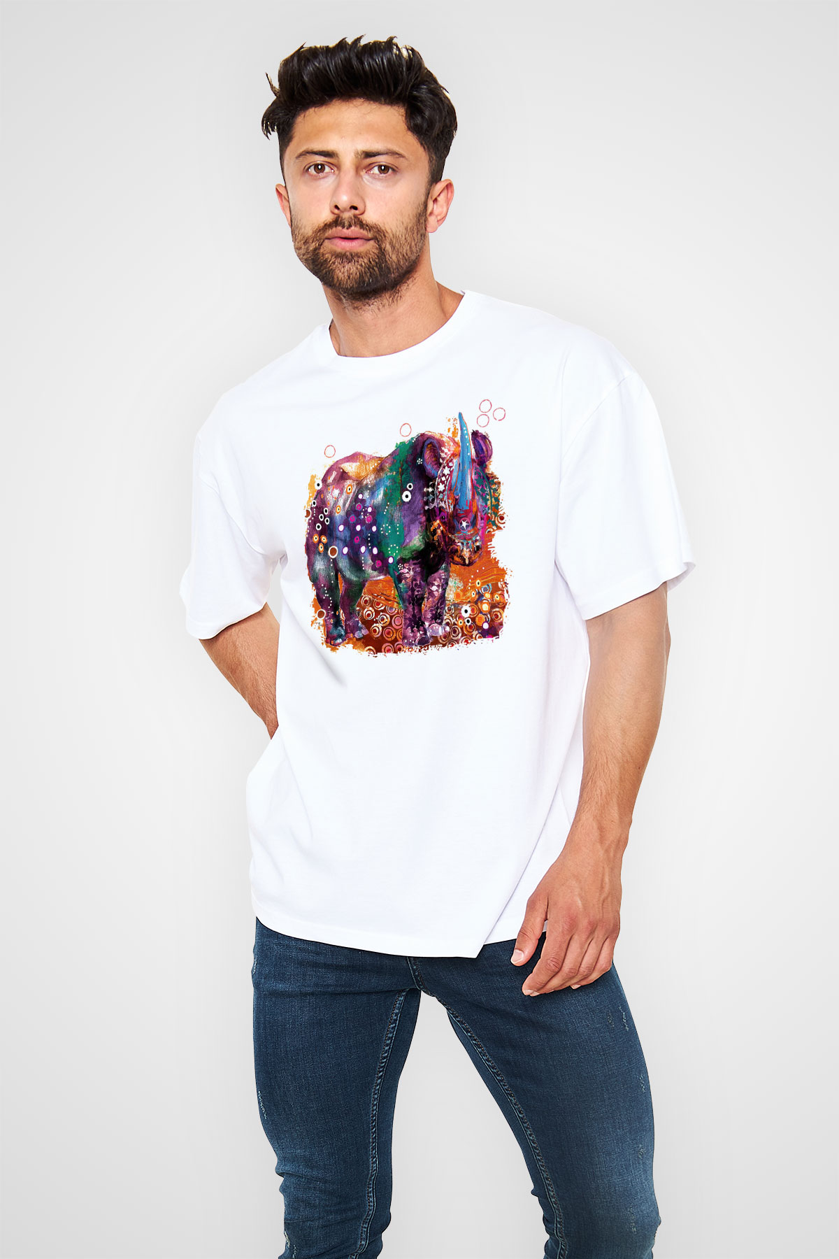 Gergedan Beyaz Unisex Oversize Tişört T-Shirt