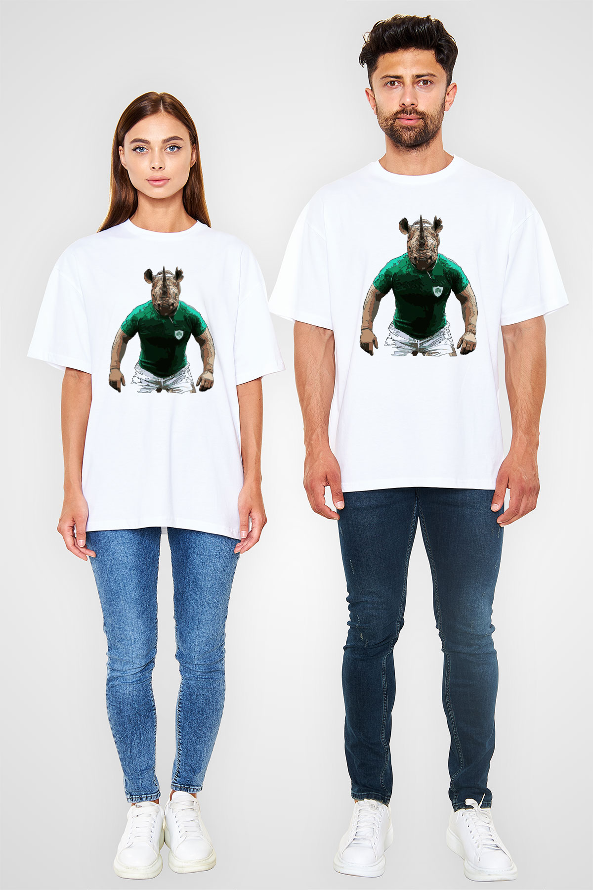 Gergedan Beyaz Unisex Oversize Tişört T-Shirt