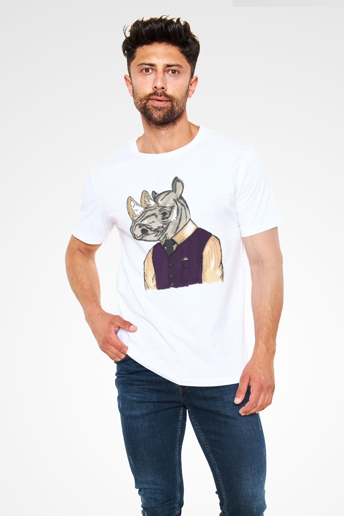 Gergedan Beyaz Unisex Tişört T-Shirt - TişörtFabrikası
