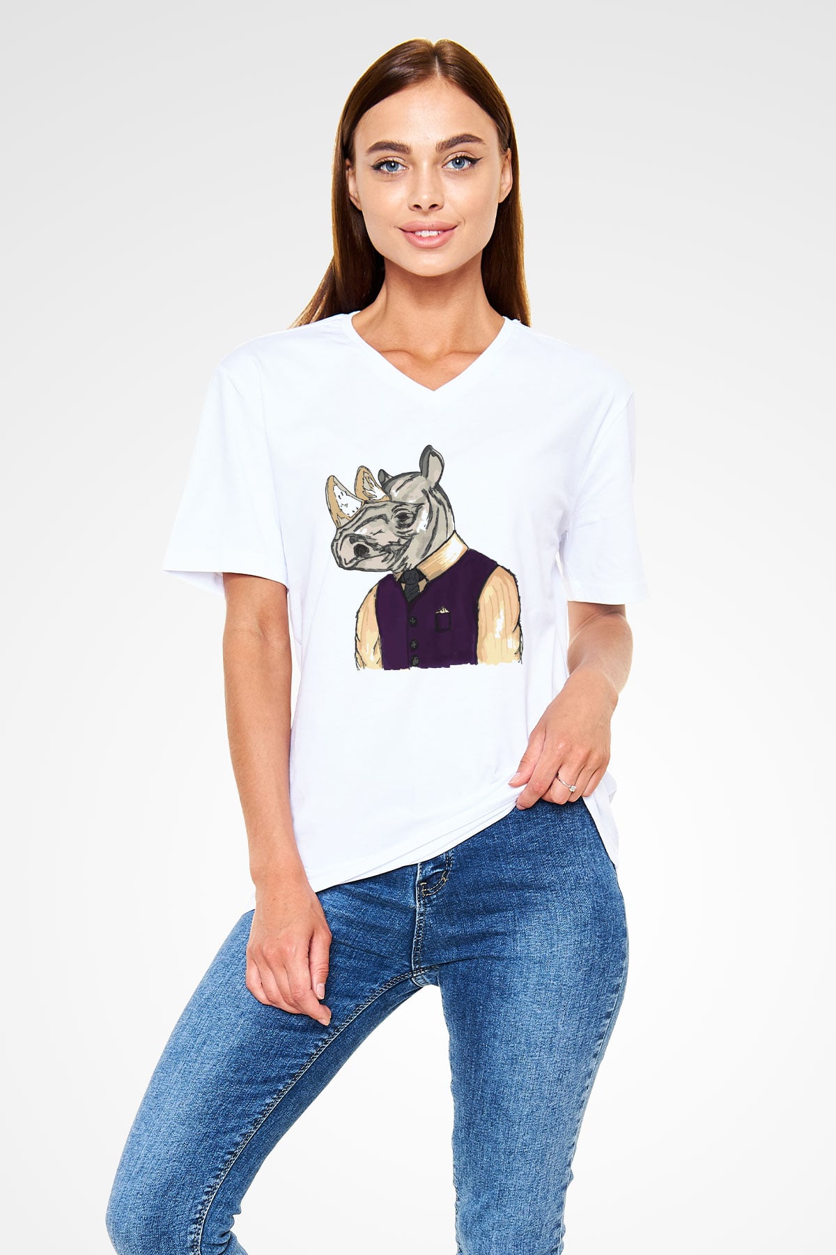 Gergedan Beyaz Unisex V Yaka Tişört T-Shirt