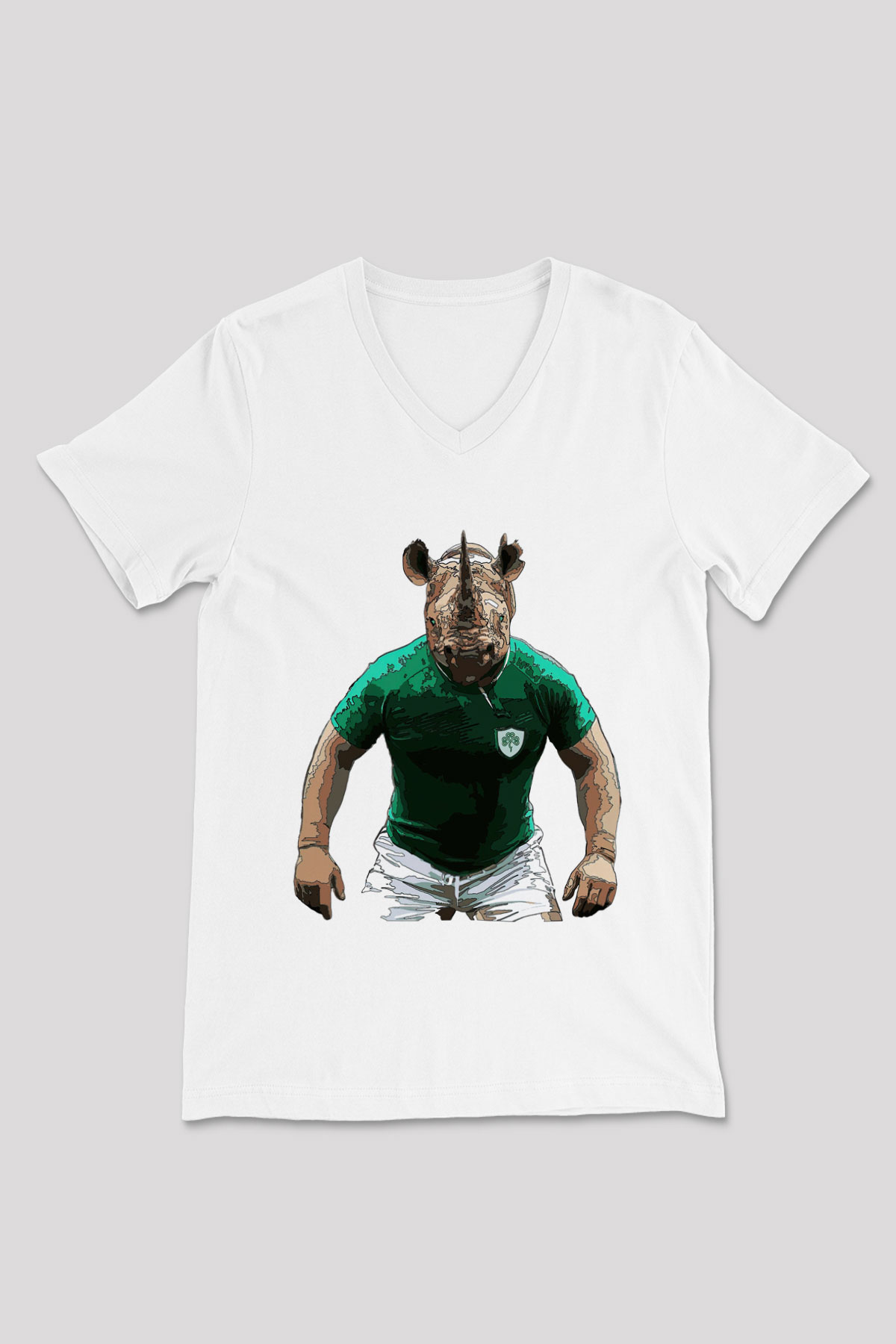 Gergedan Beyaz Unisex V Yaka Tişört T-Shirt