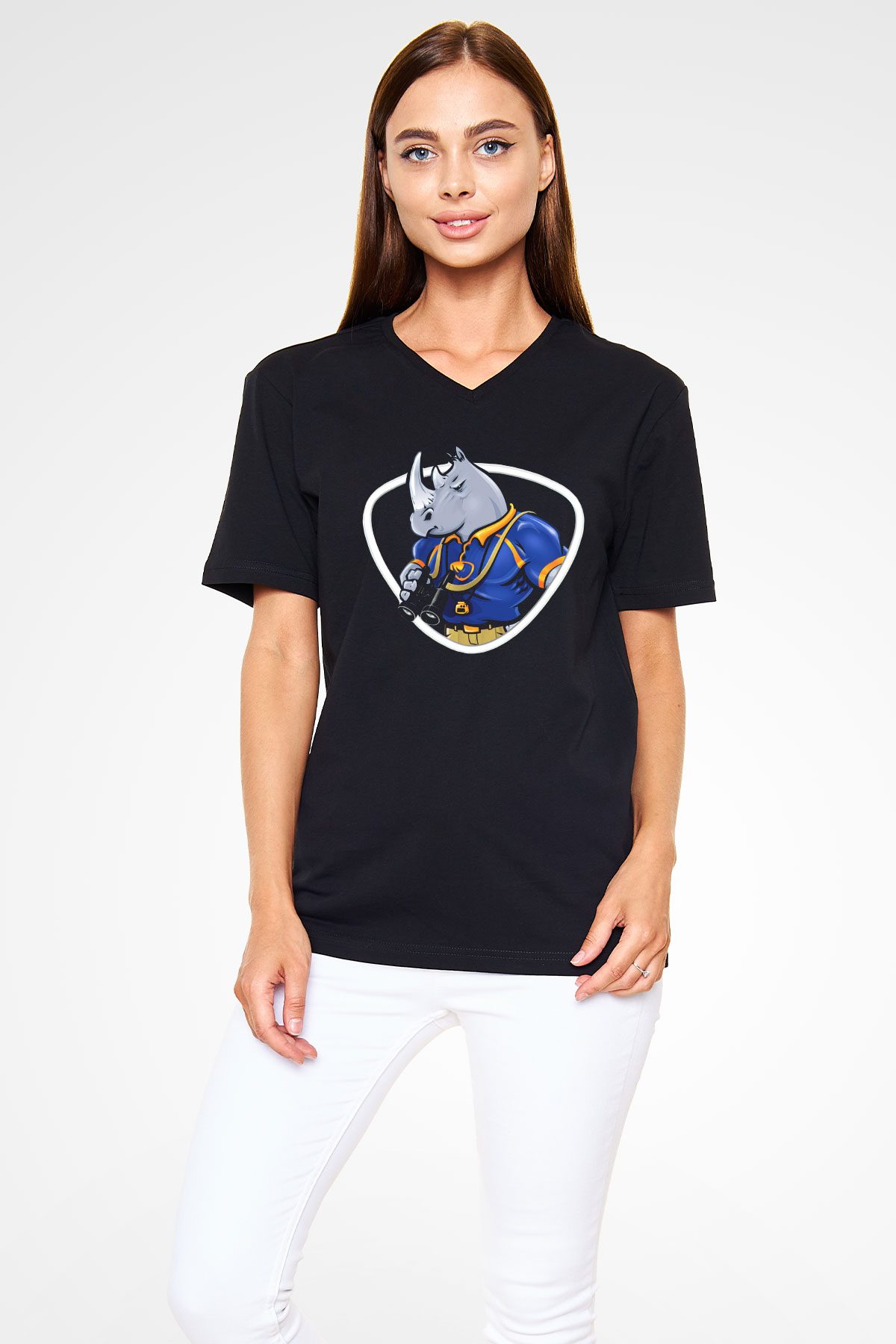 Gergedan Siyah Unisex V Yaka Tişört T-Shirt
