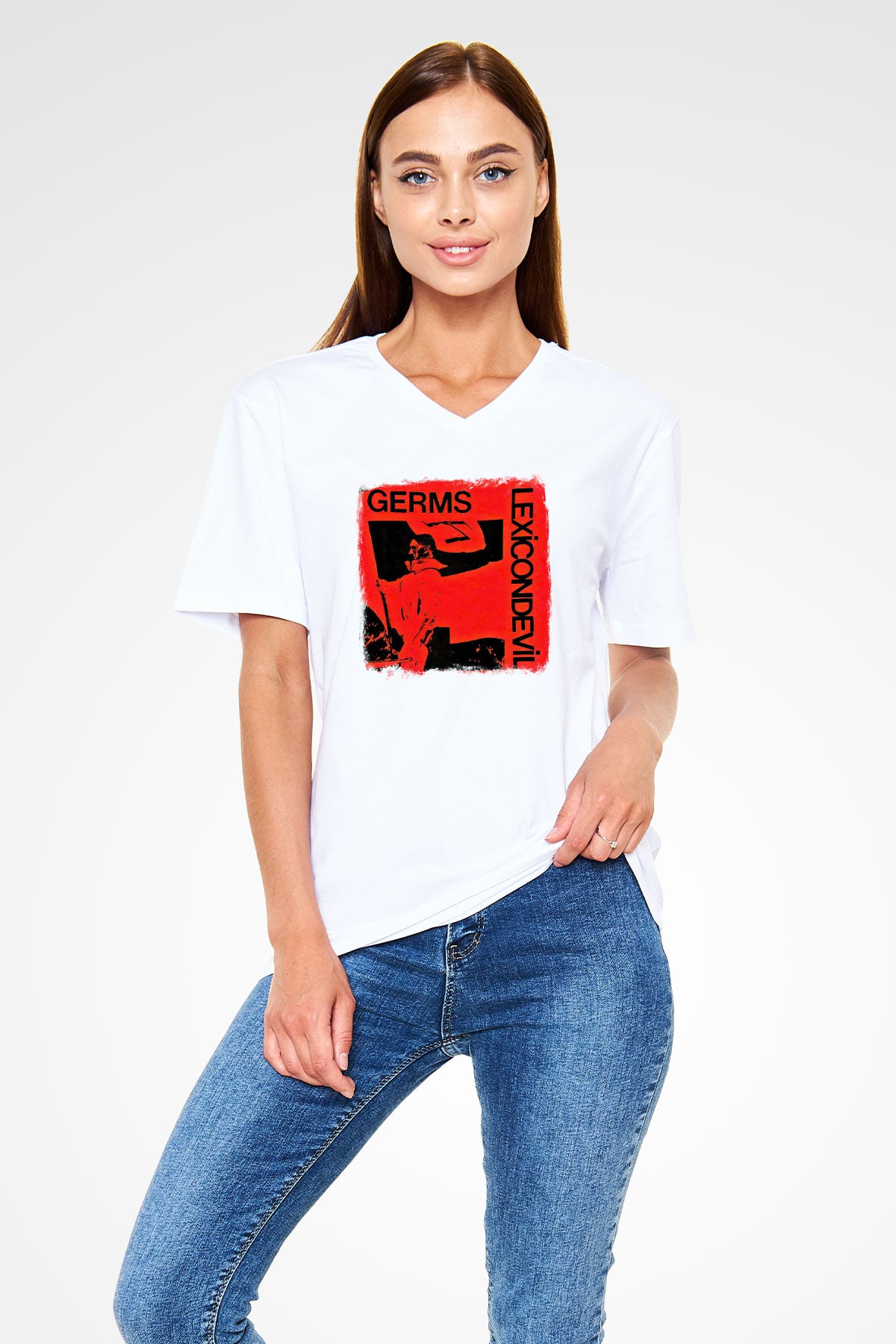 Germs Baskılı Unisex Beyaz V Yaka Tişört