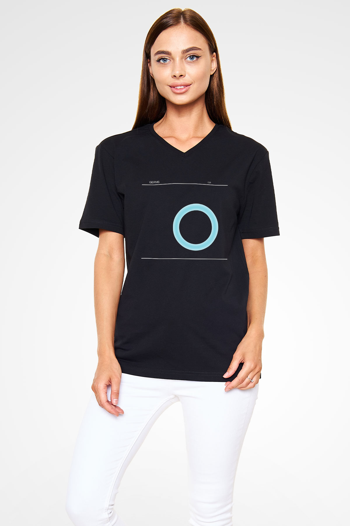 Germs Baskılı Unisex Siyah V Yaka Tişört