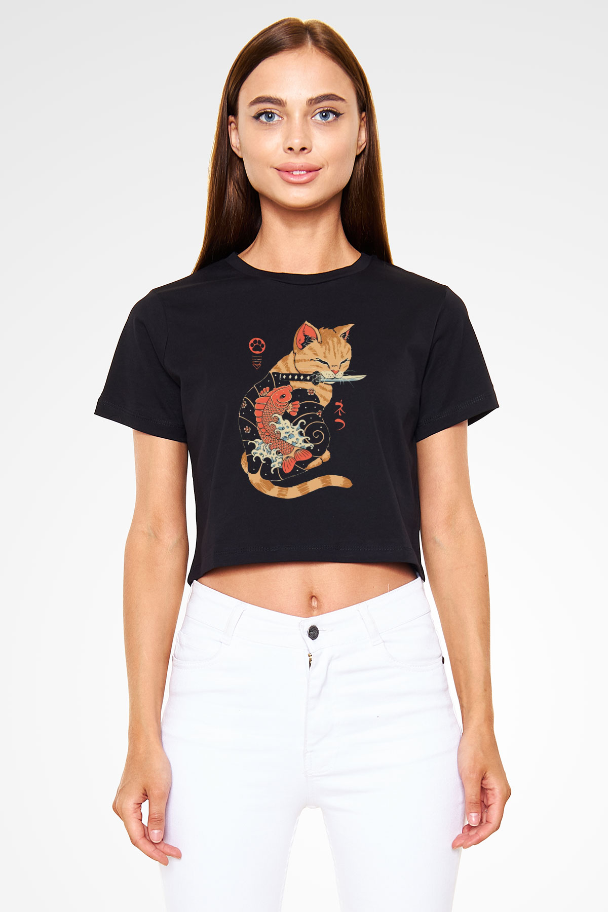 Geyşa Kedi Baskılı  Siyah  Crop Top Tişört