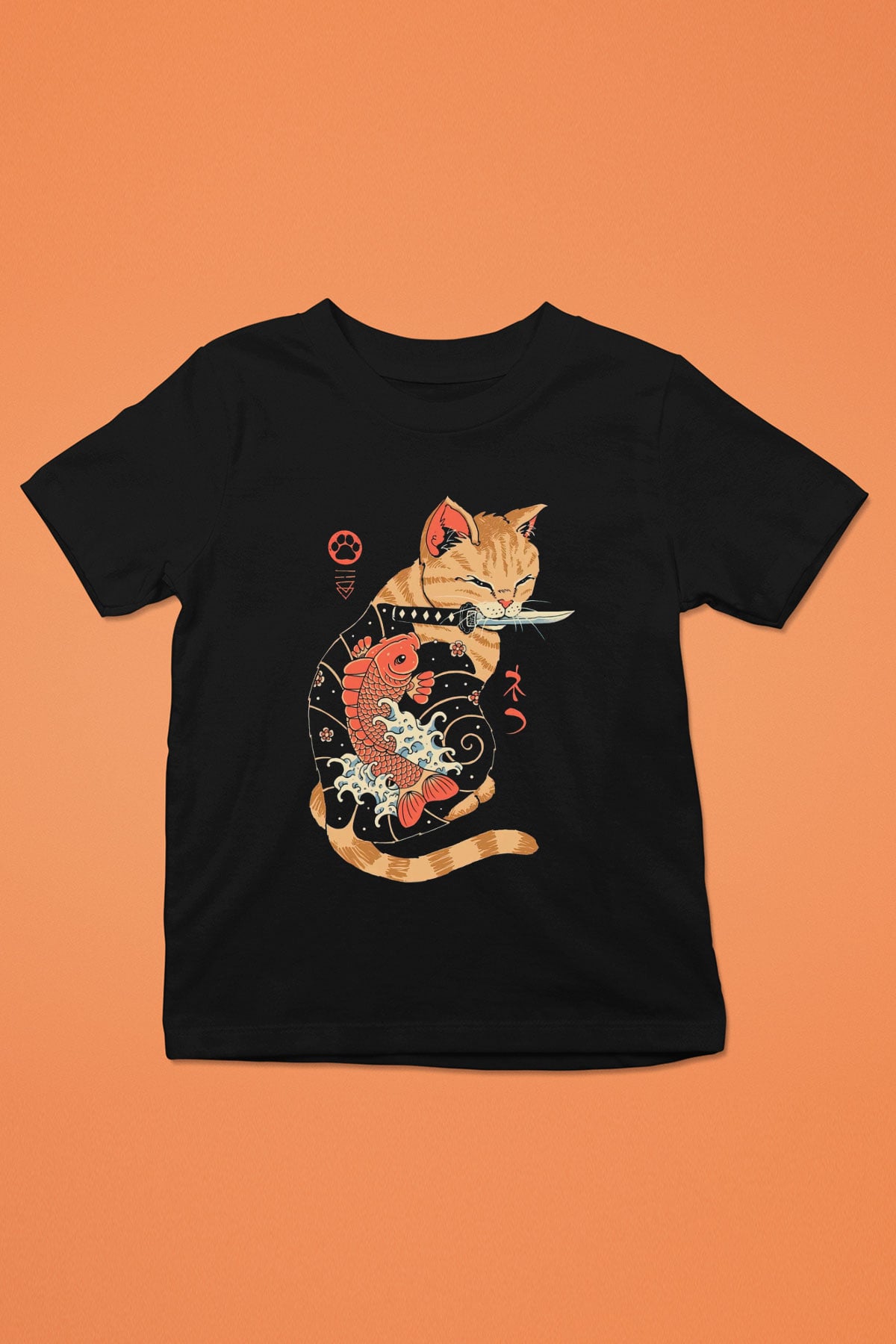 Geyşa Kedi Baskılı Unisex Siyah  Çocuk Tişört