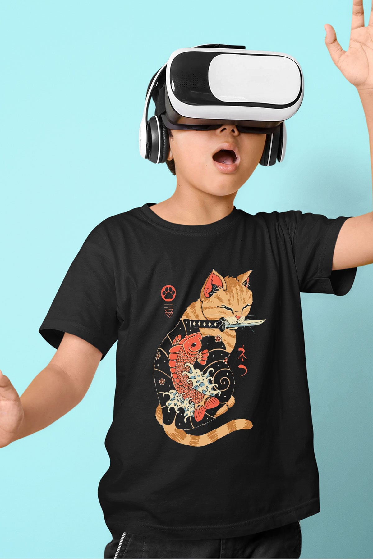 Geyşa Kedi Baskılı Unisex Siyah  Çocuk Tişört