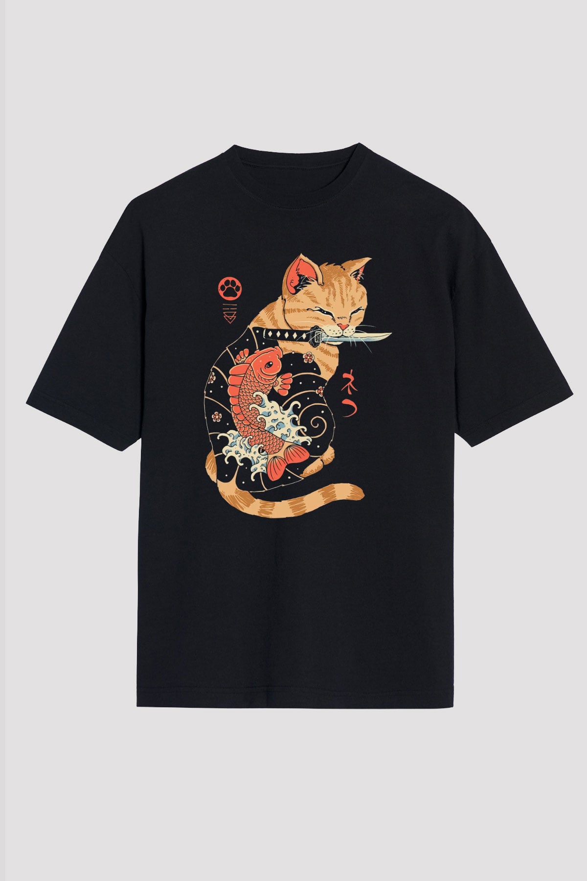 Geyşa Kedi Baskılı Unisex Siyah Tişört