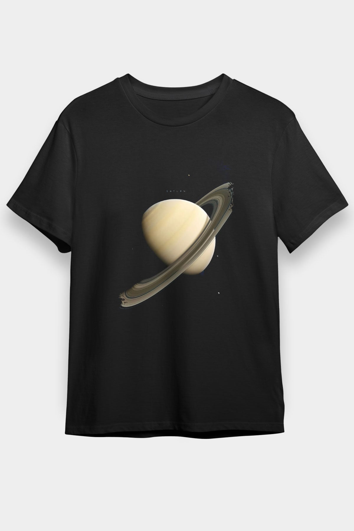 Gezegen Satürn Baskılı Unisex Siyah Tişört - Tshirt