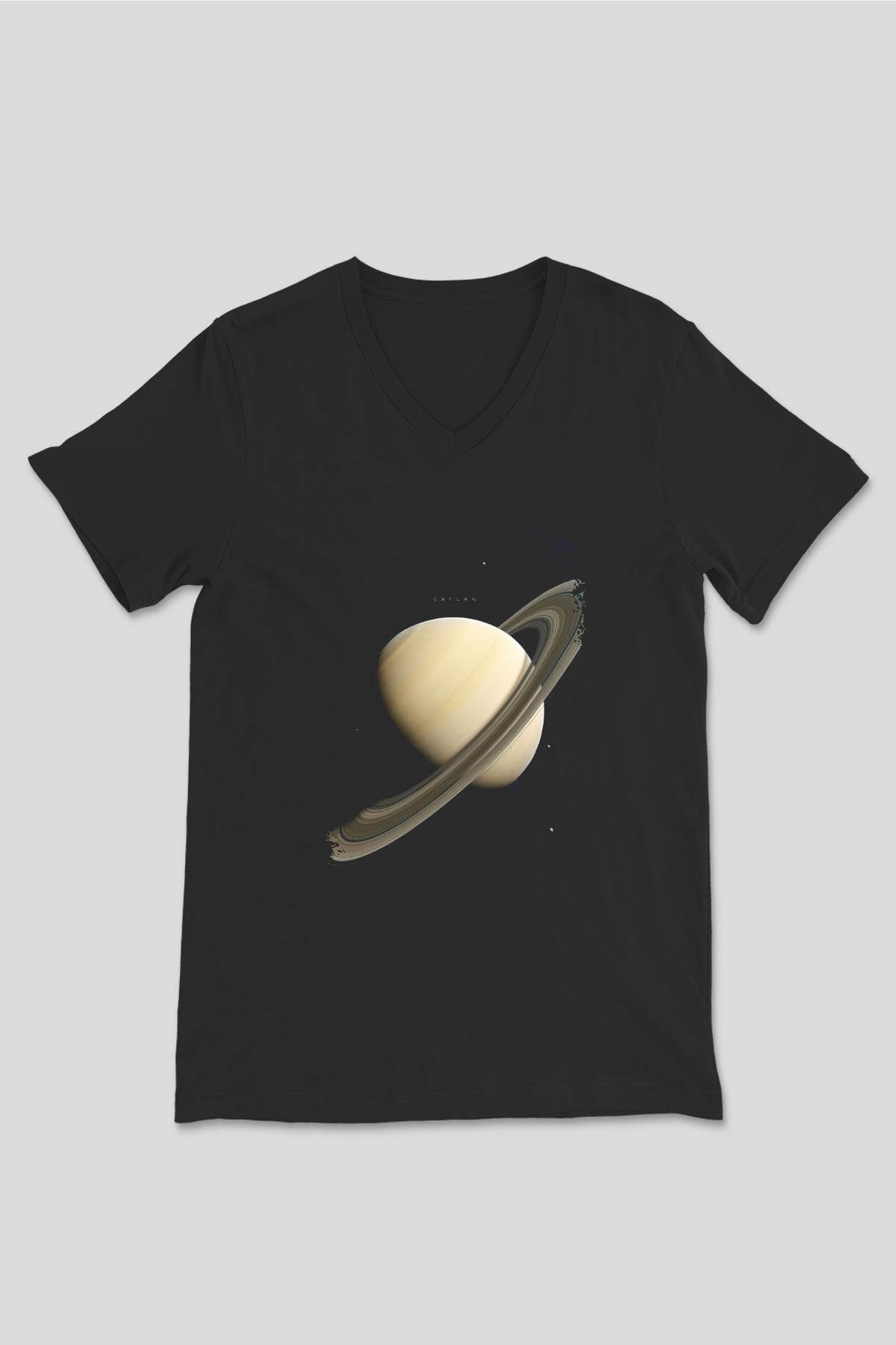 Gezegen Satürn Baskılı Unisex V Yaka Siyah Tİşört - Tshirt