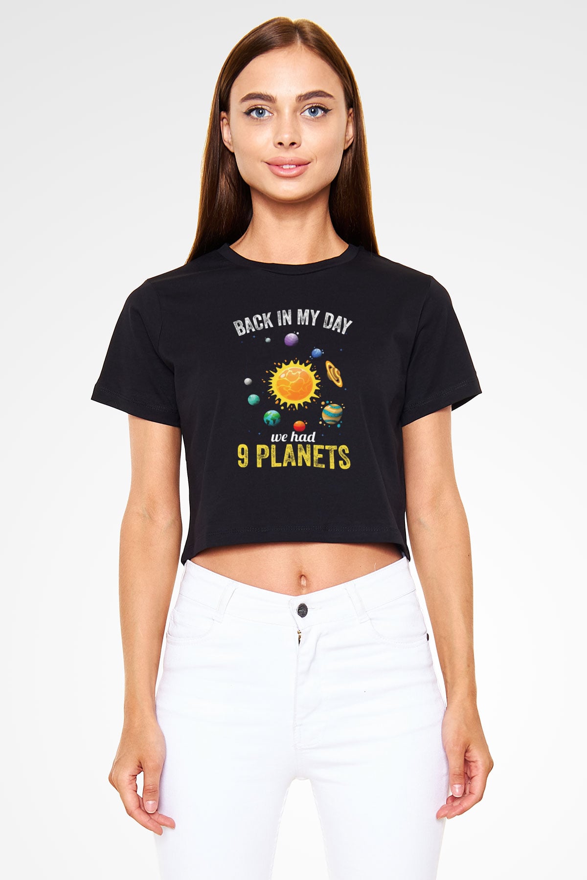 Gezegenler Baskılı Crop Top Kadın Tİşört - Tshirt