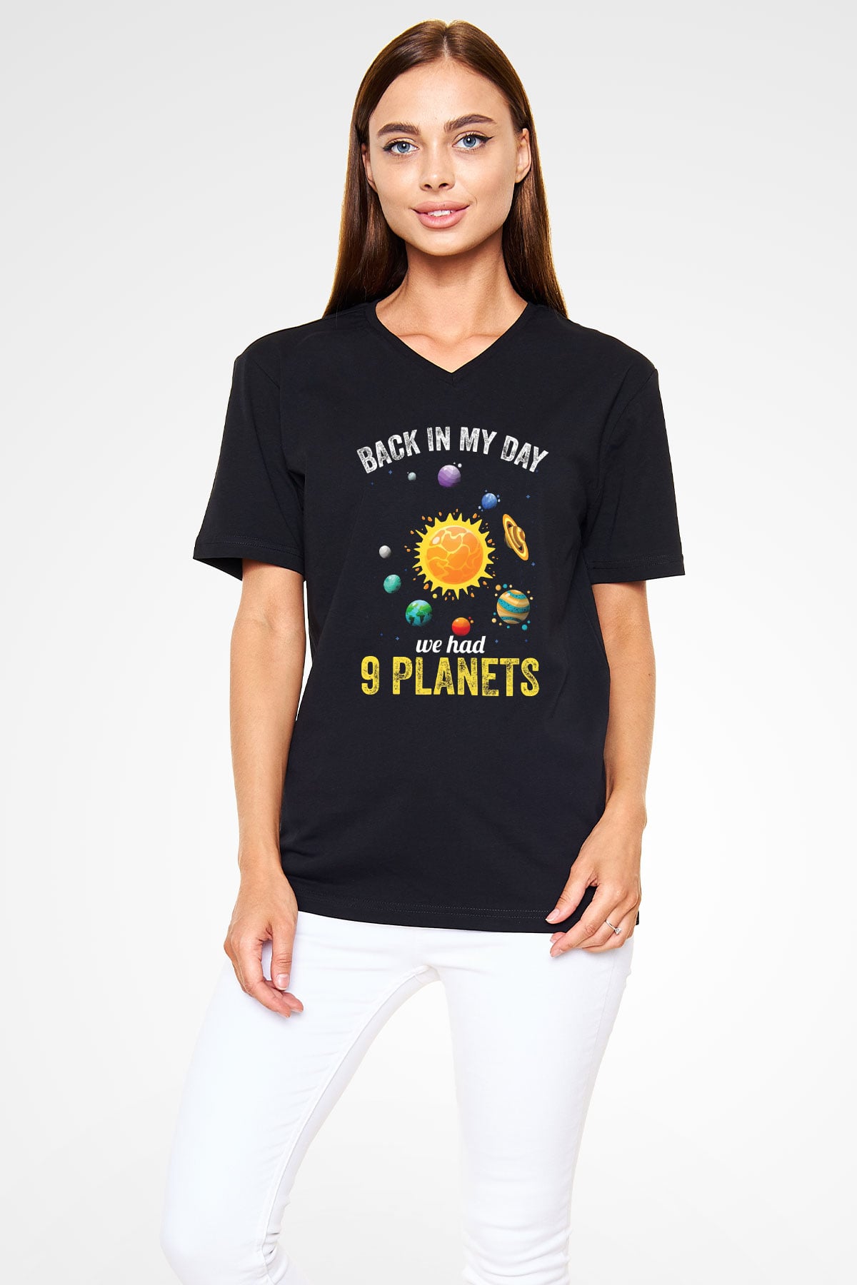 Gezegenler Baskılı Unisex V Yaka Siyah Tİşört - Tshirt