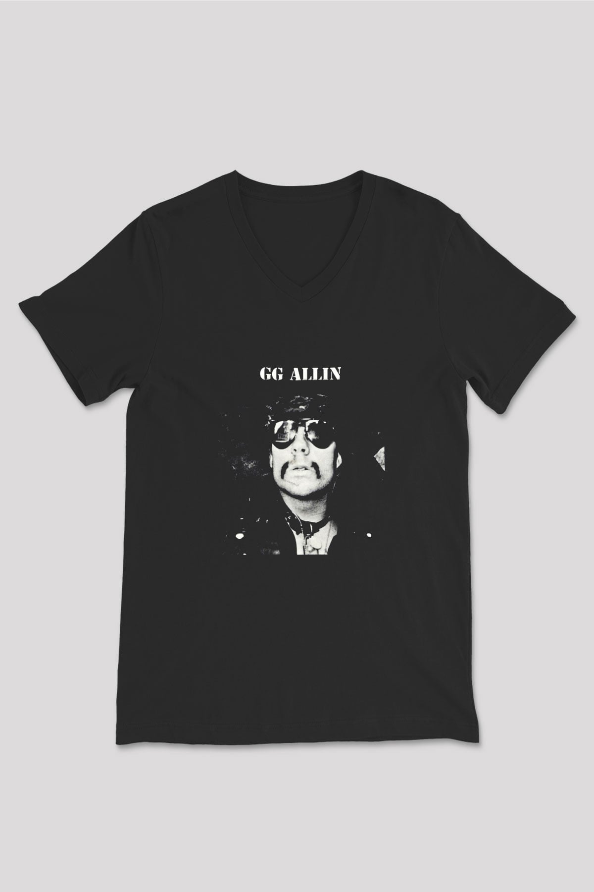 GG Allin Baskılı Unisex Siyah V Yaka Tişört