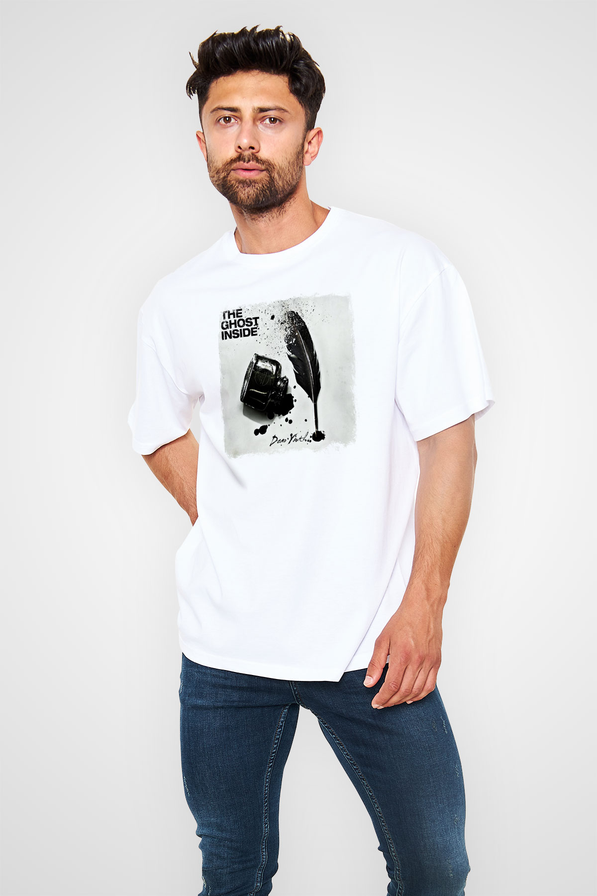 Ghost Inside Baskılı Unisex Beyaz Oversize Tişört