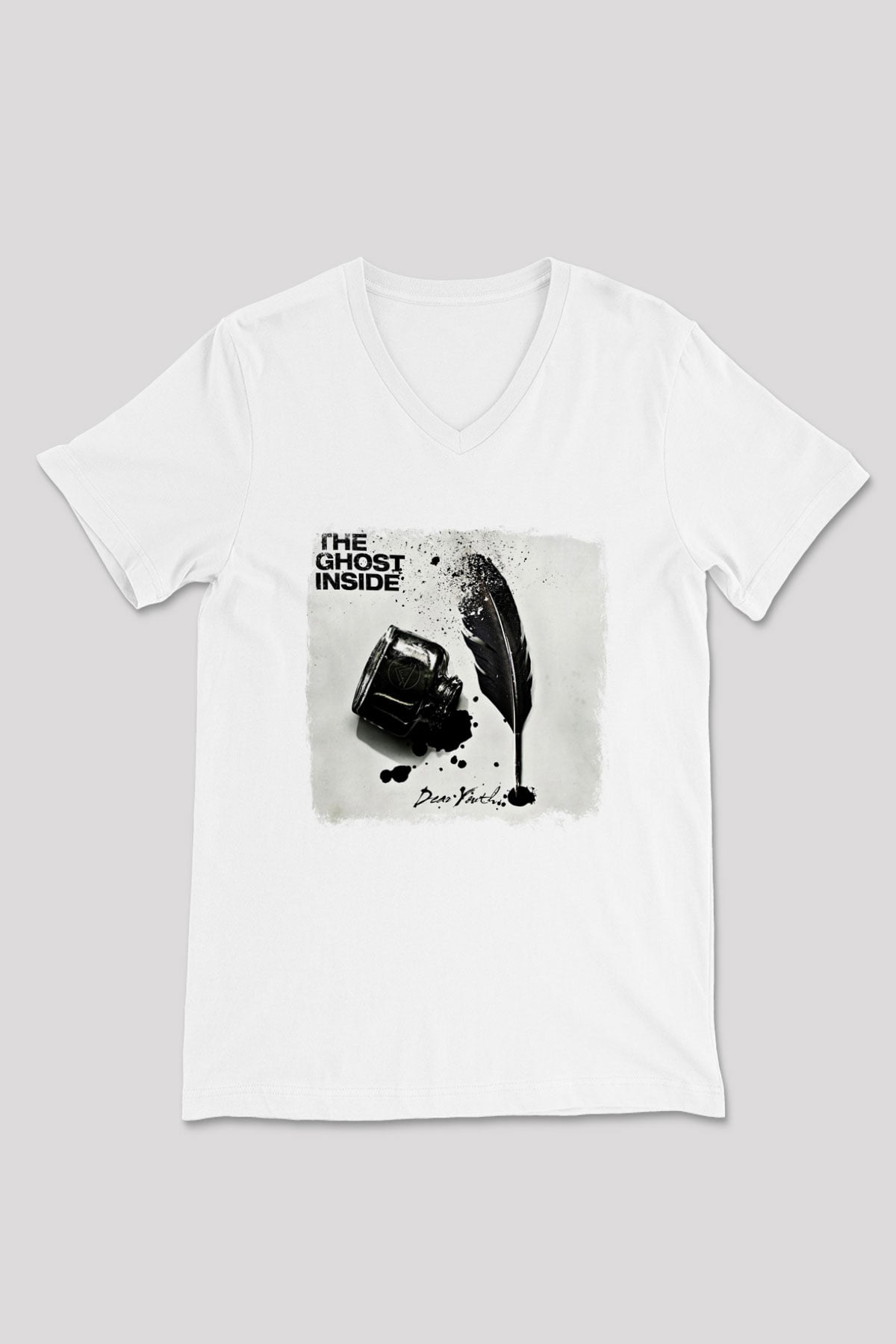 Ghost Inside Baskılı Unisex Beyaz V Yaka Tişört
