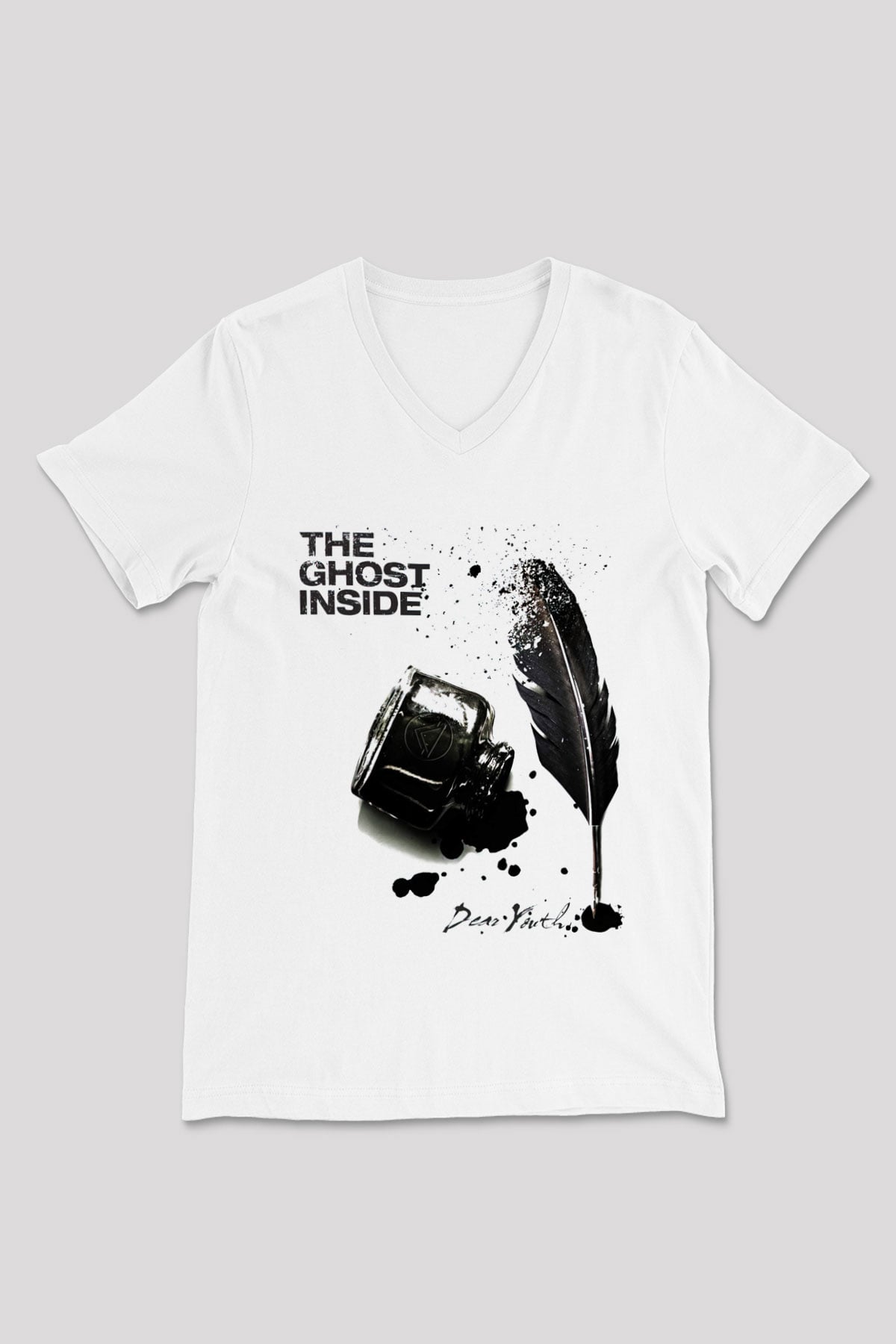 Ghost Inside Beyaz Unisex V Yaka Tişört T-Shirt