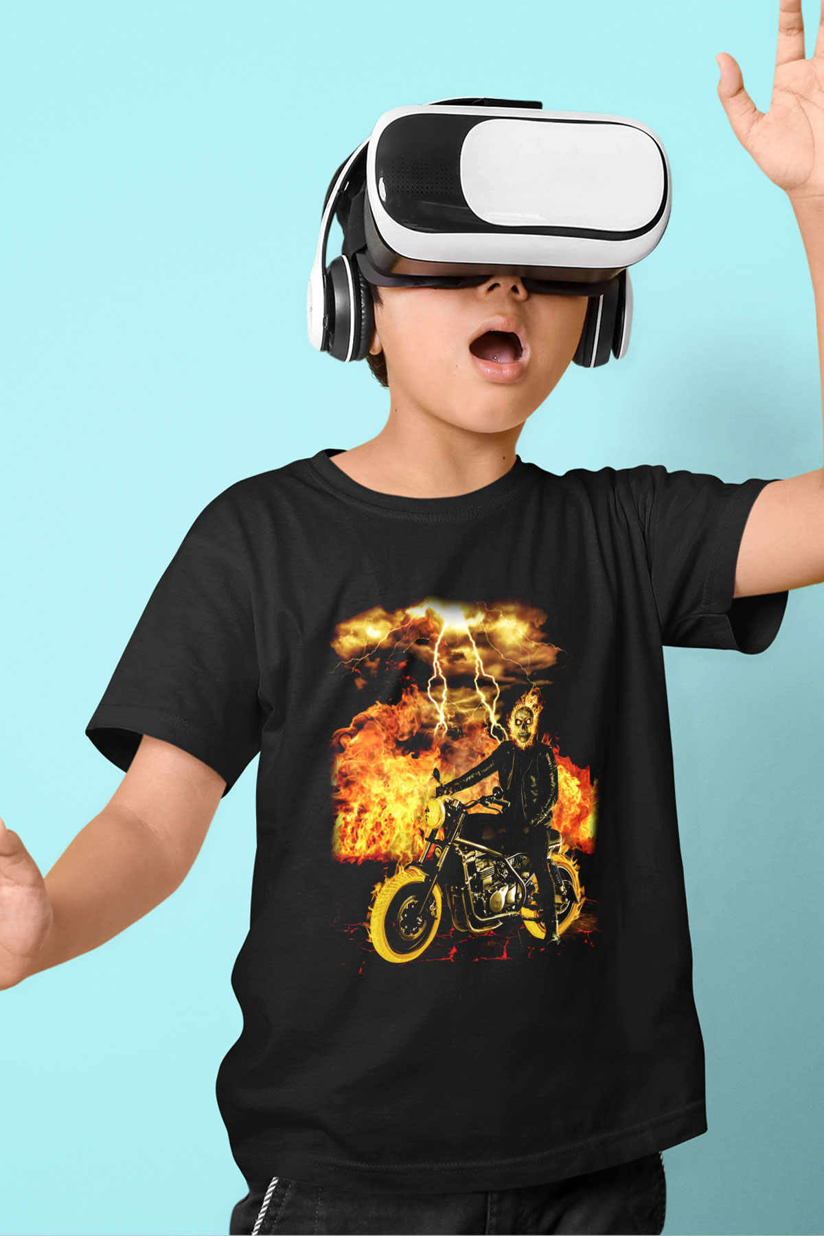 Ghost Rider Hayalet Sürücü Baskılı Siyah Unisex Çocuk Tişört