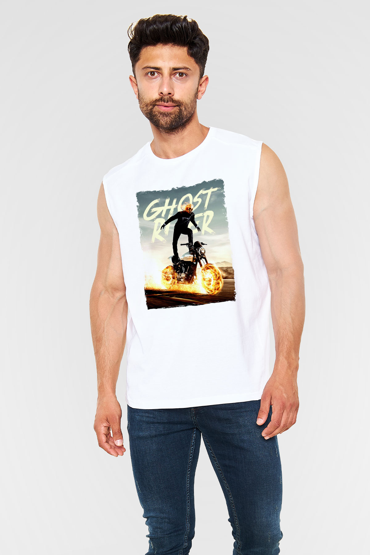 Ghost Rider Hayalet Sürücü Beyaz Unisex  Kolsuz Tişört