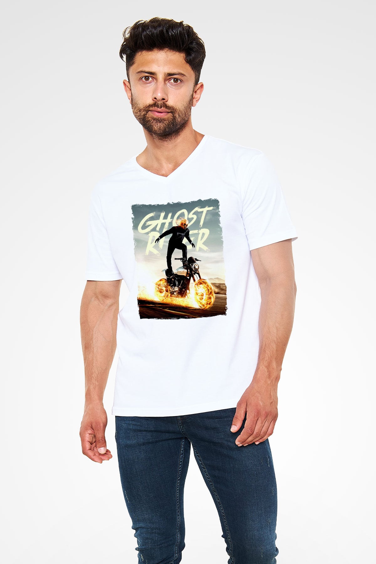 Ghost Rider Hayalet Sürücü Beyaz Unisex  V Yaka Tişört