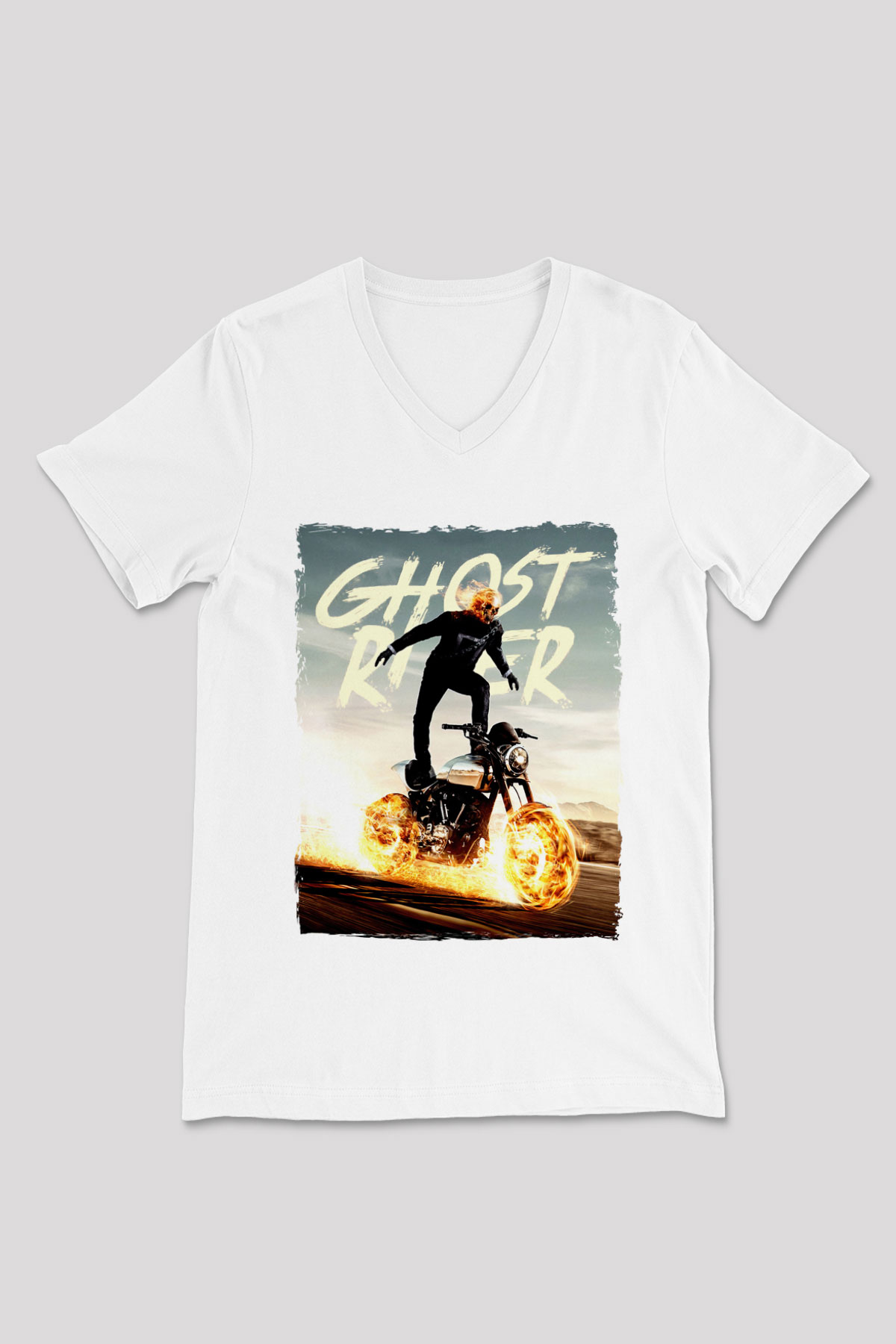 Ghost Rider Hayalet Sürücü Beyaz Unisex  V Yaka Tişört
