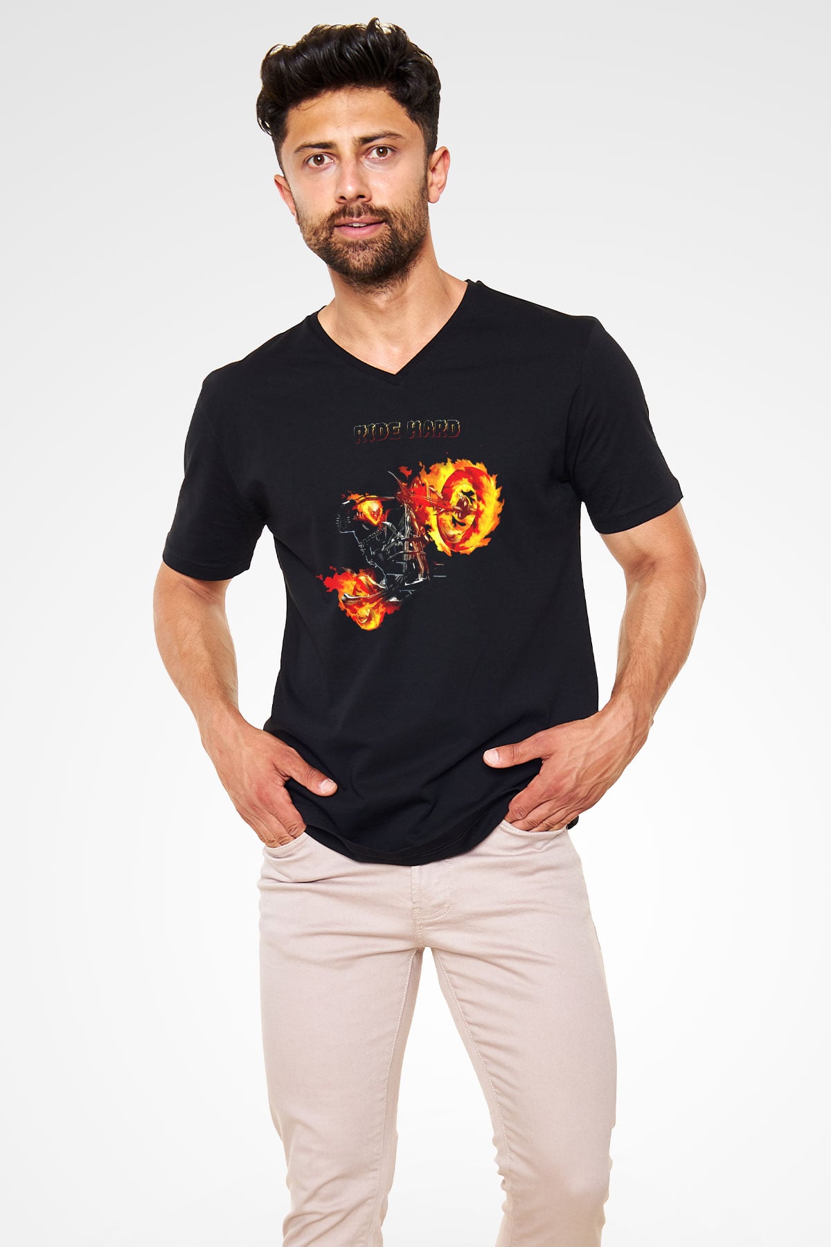 Ghost Rider Hayalet Sürücü Siyah Unisex  V Yaka Tişört