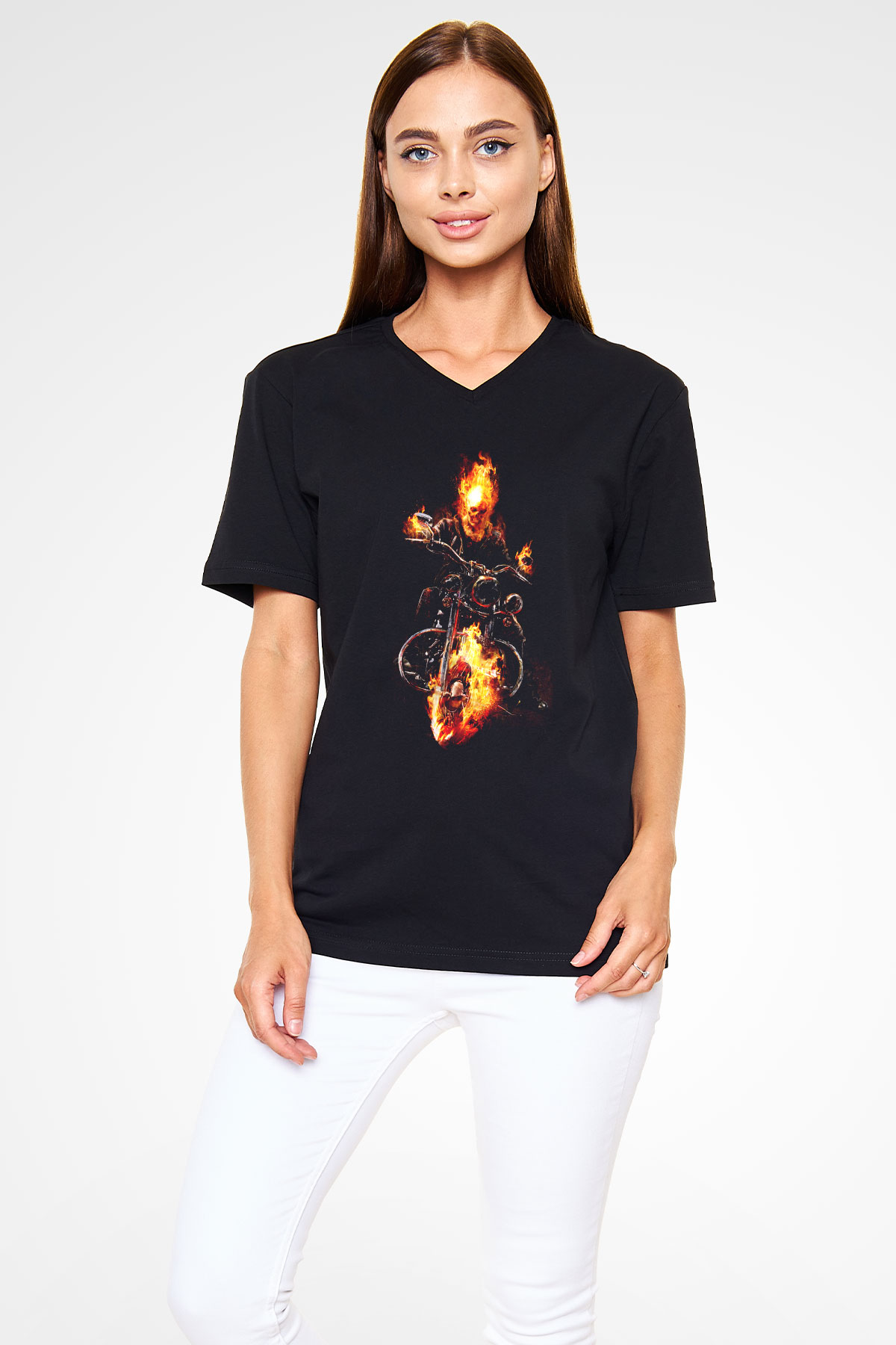 Ghost Rider Hayalet Sürücü Siyah Unisex V Yaka Tişört