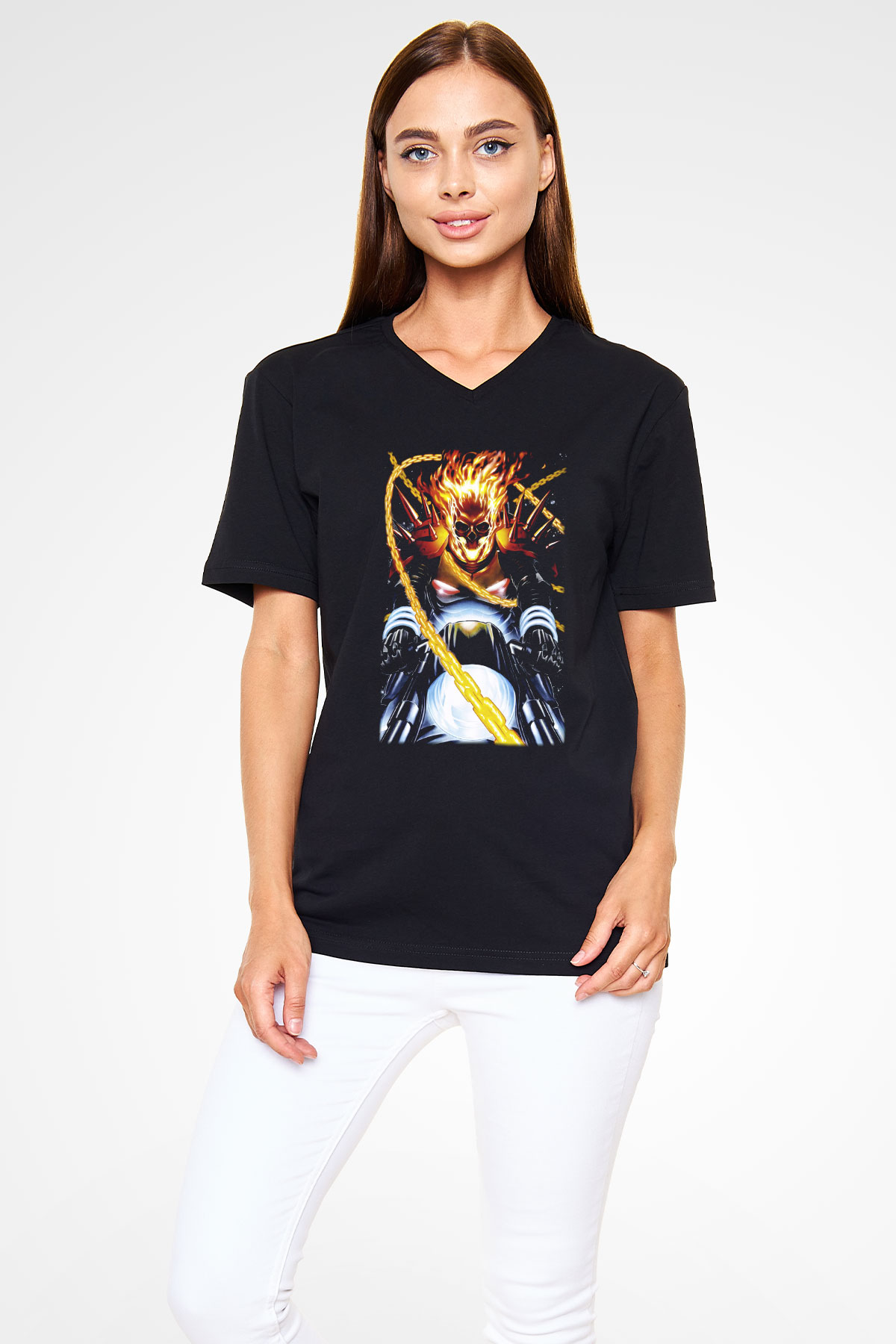 Ghost Rider Hayalet Sürücü Siyah Unisex V Yaka Tişört